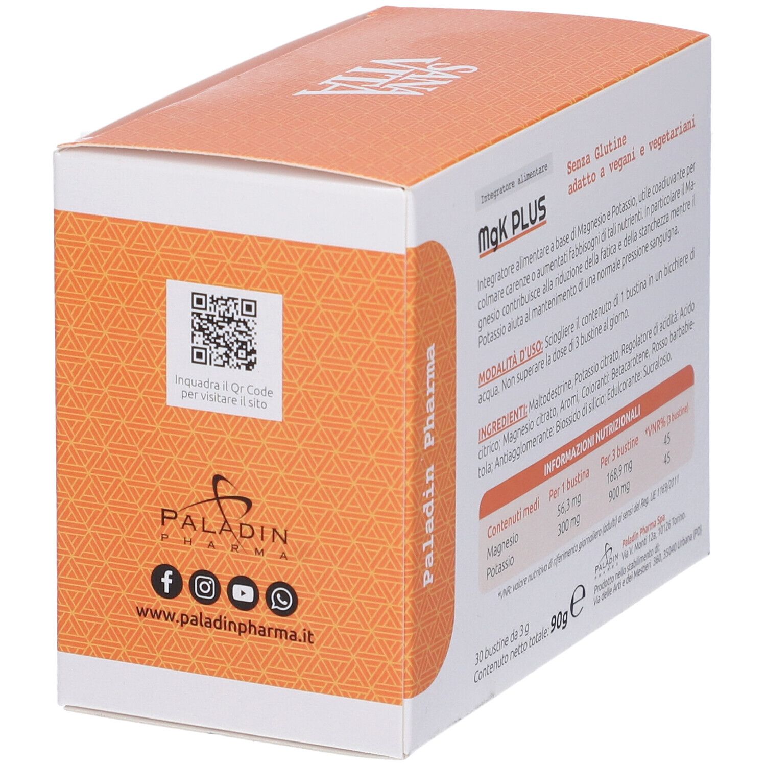 Scatola MgK PLUS. Contiene magnesio e potassio. Lati bianchi con testo e QR code. Coperchio arancione. 30 bustine.