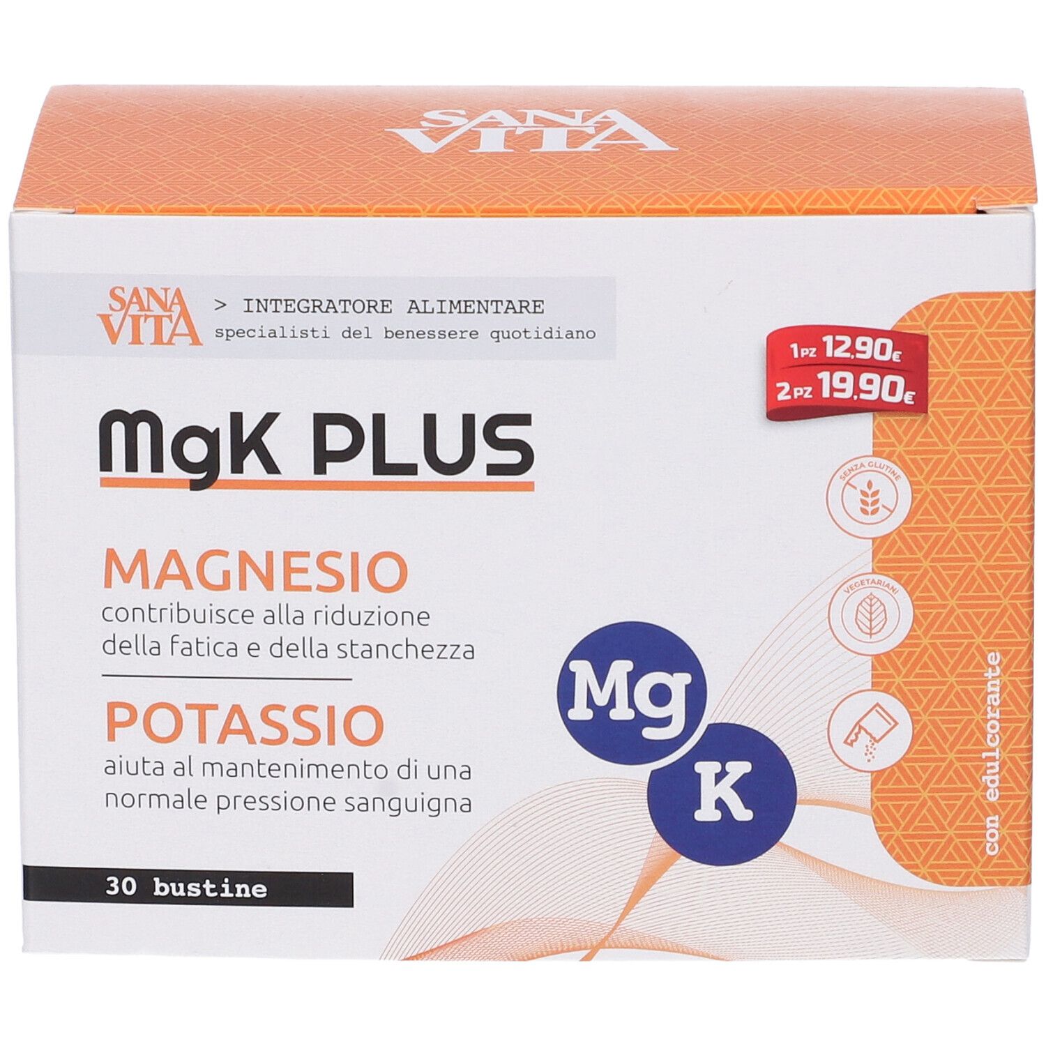 Scatola di MgK PLUS. Contiene magnesio e potassio. Coperchio arancione, lati bianchi. 30 bustine.
