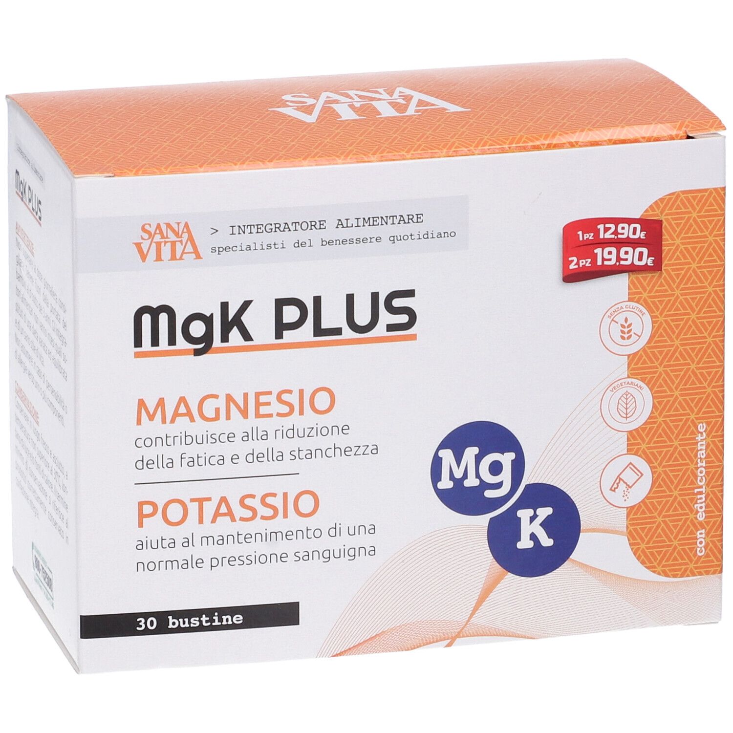 Scatola di MgK PLUS. Contiene magnesio e potassio. Coperchio arancione, lati bianchi. 30 bustine.