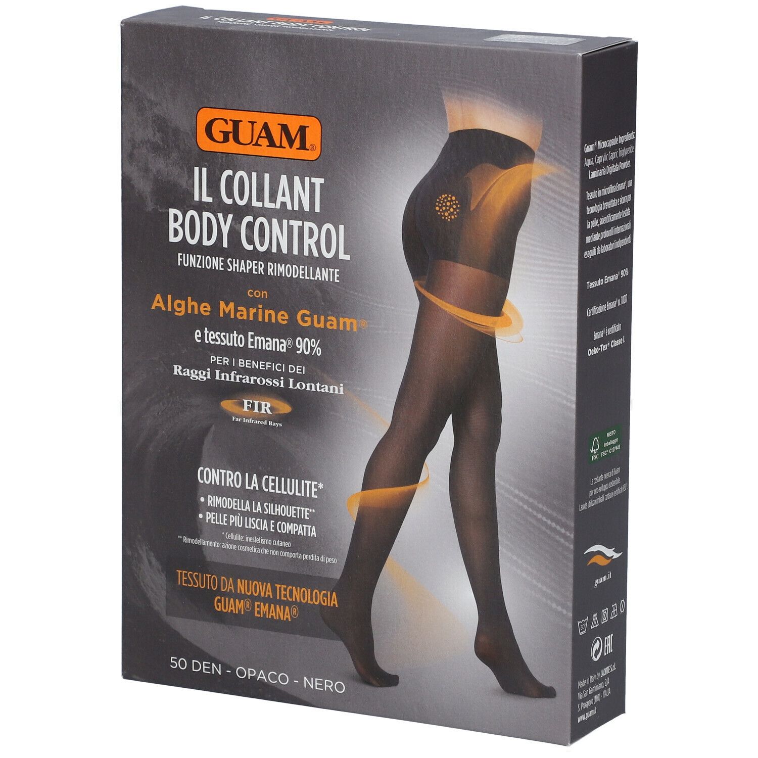 Collant nero in confezione. Scritte: GUAM, Body Control, alghe, Emana. Immagine di donna che indossa il collant.