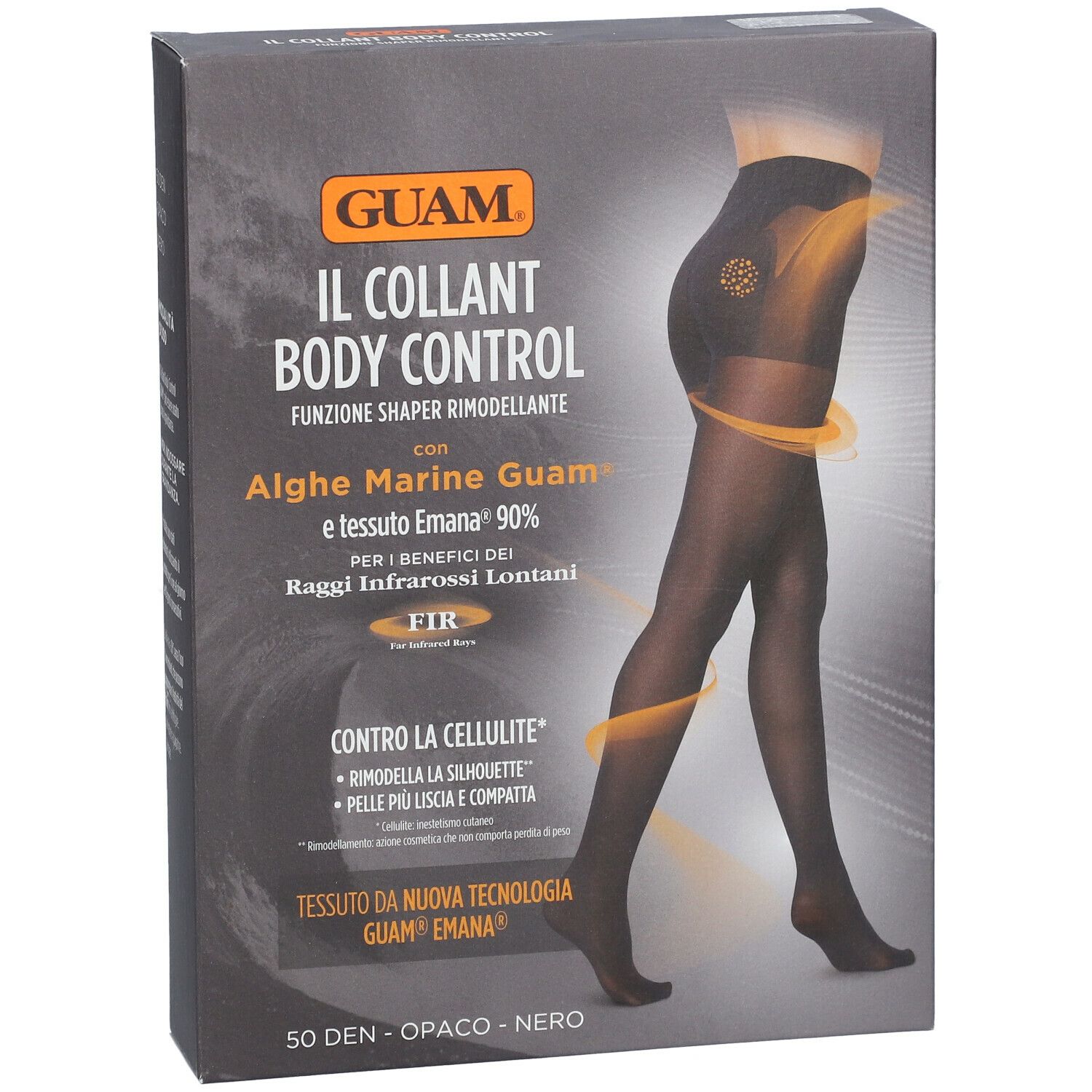 Collant nero in confezione. Scritte: GUAM, Body Control, alghe, Emana. Immagine di donna che indossa il collant.