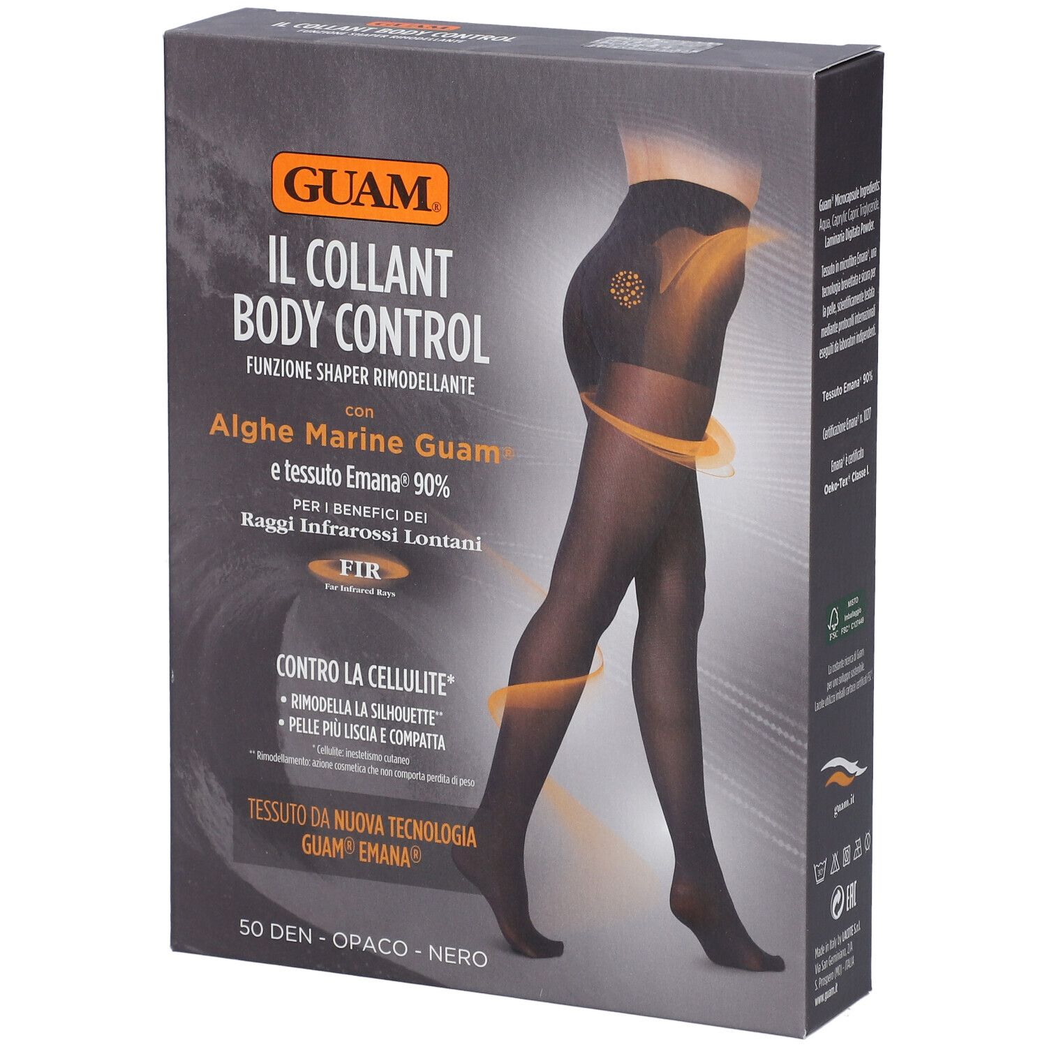 GUAM® Collant Body Control M/L. Collant nero su confezione. Nome del prodotto e caratteristiche sulla confezione.