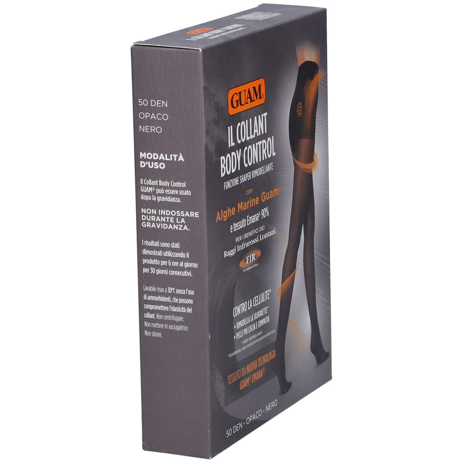 GUAM® Collant Body Control M/L. Confezione, nome del prodotto e caratteristiche sulla confezione. Collant nero raffigurato.