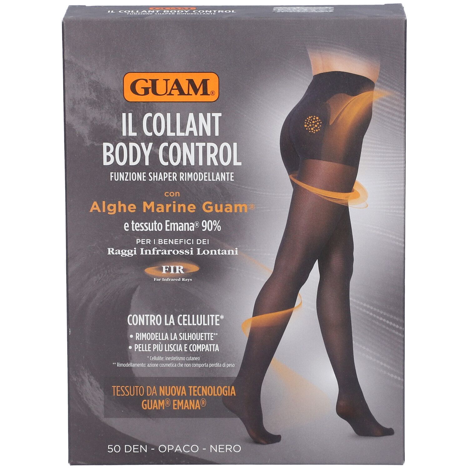 GUAM® Collant Body Control M/L. Collant nero su confezione. Nome del prodotto e caratteristiche sulla confezione.