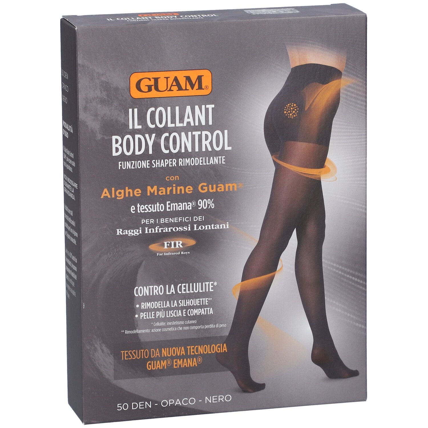 GUAM® Collant Body Control M/L. Collant nero su confezione. Nome del prodotto e caratteristiche sulla confezione.