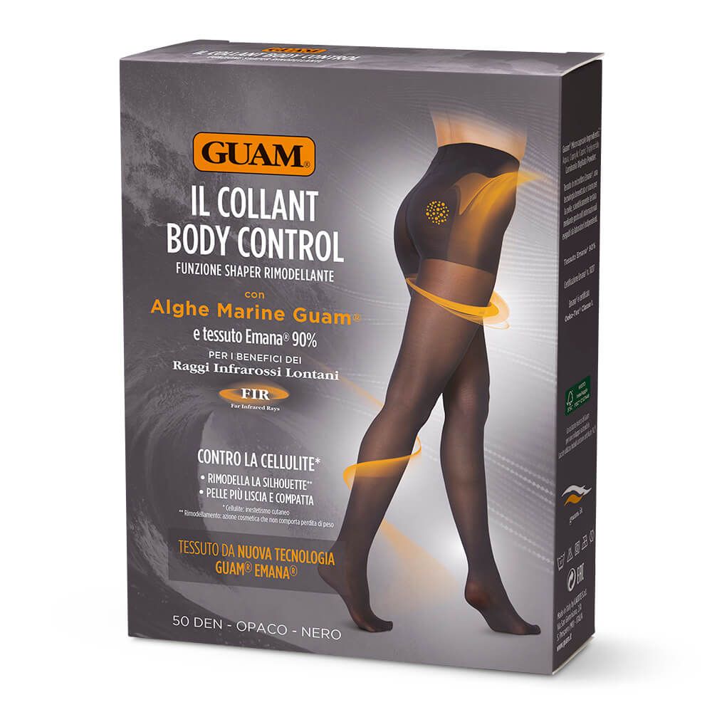 Schwarze Strumpfhose in Verpackung. Text: Guam, Body Control, Algen, Emana, gegen Cellulite. 50 DEN.
