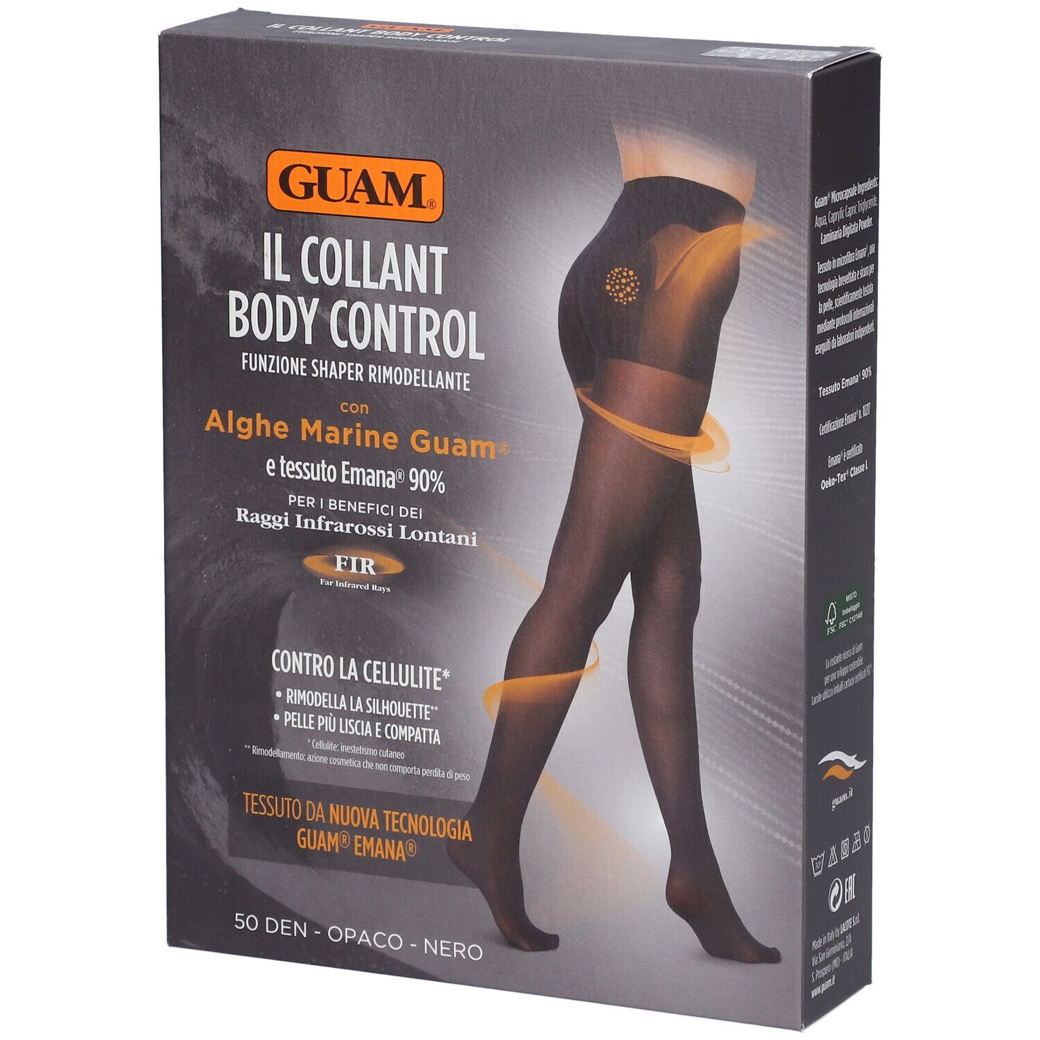 Schwarze Strumpfhose in Verpackung. Aufdruck: GUAM, IL COLLANT BODY CONTROL, Algen, Emana 90%, FIR. 50 DEN, OPACO - NERO.