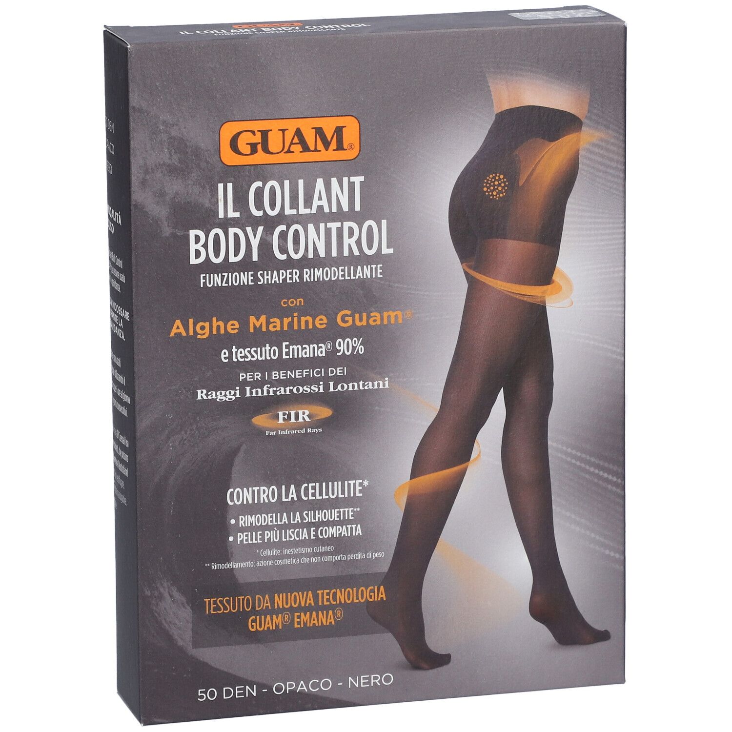 Schwarze Strumpfhose in Verpackung. Aufdruck: GUAM, IL COLLANT BODY CONTROL, Algen, Emana 90%, FIR. 50 DEN, OPACO - NERO.