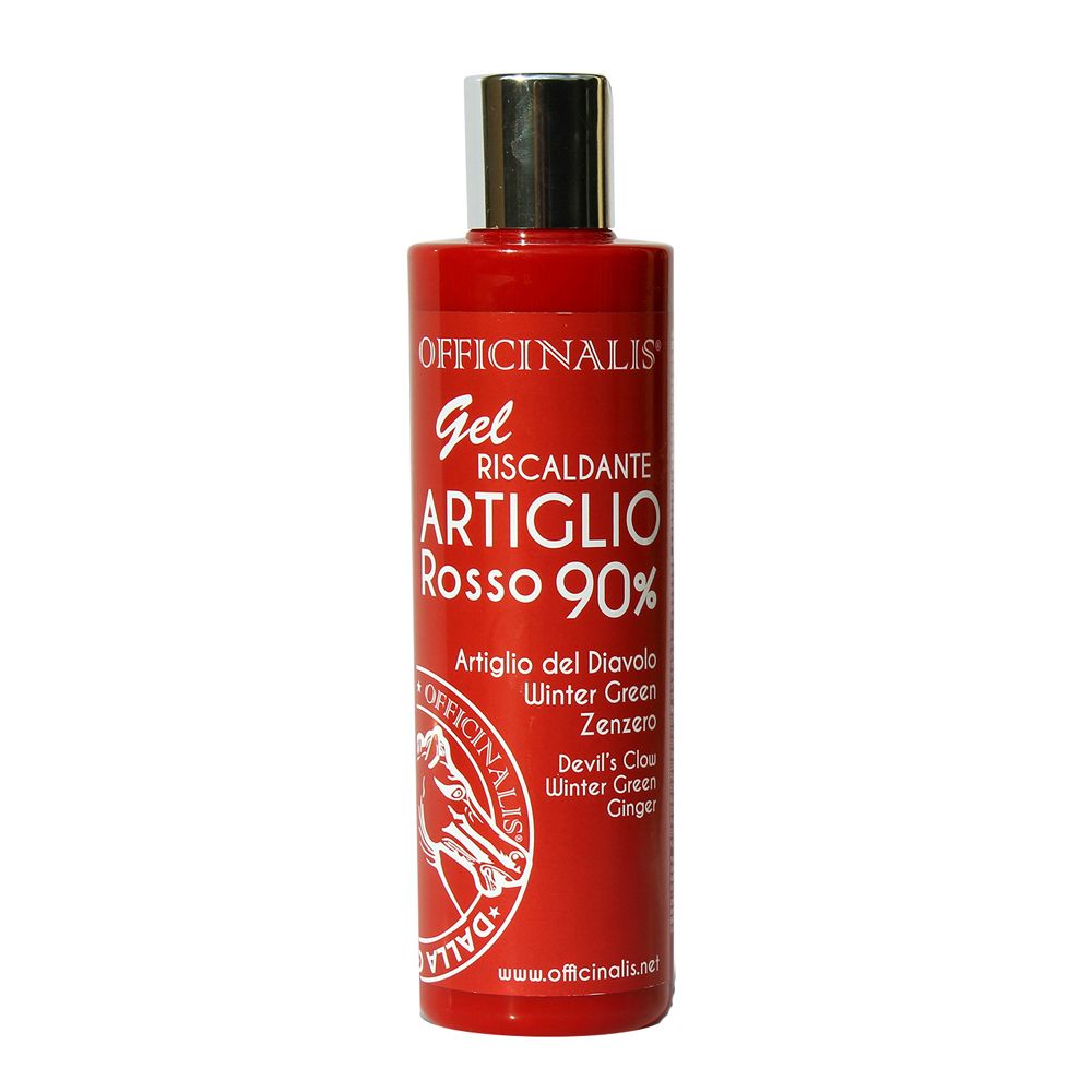 Flacone rosso con tappo argentato. Scritta: ARTIGLIO Rosso 90%. Contiene artiglio del diavolo, wintergreen e zenzero. Marchio: OFFICINALIS.
