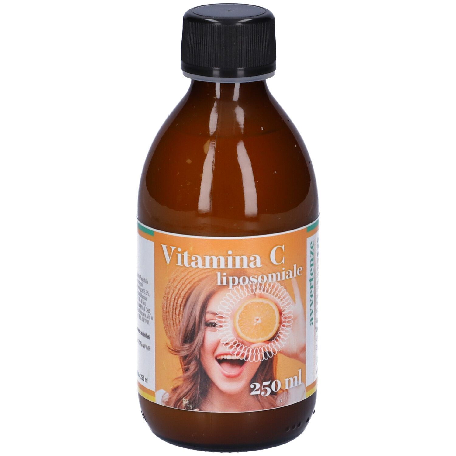 Bottiglia di vetro marrone con tappo nero. Etichetta con nome del prodotto e donna con arancia. 250 ml.