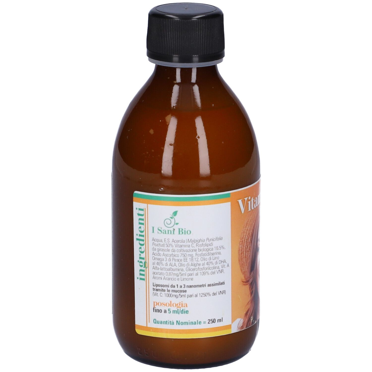 Bottiglia di vetro marrone con tappo nero. Etichetta con ingredienti e logo. 250 ml.