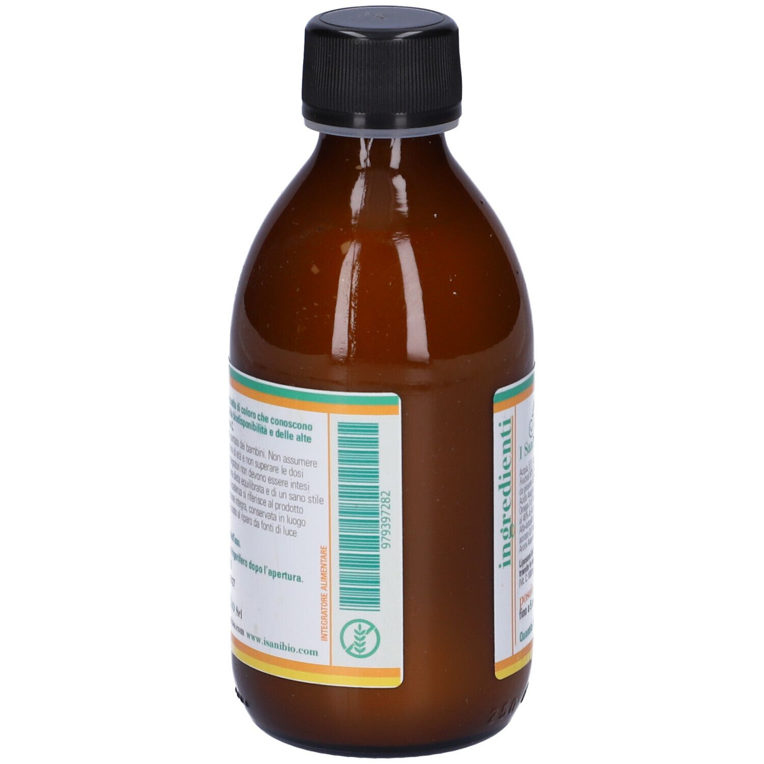 Bottiglia di vetro marrone con tappo nero. Etichetta con codice a barre e testo. 250 ml.