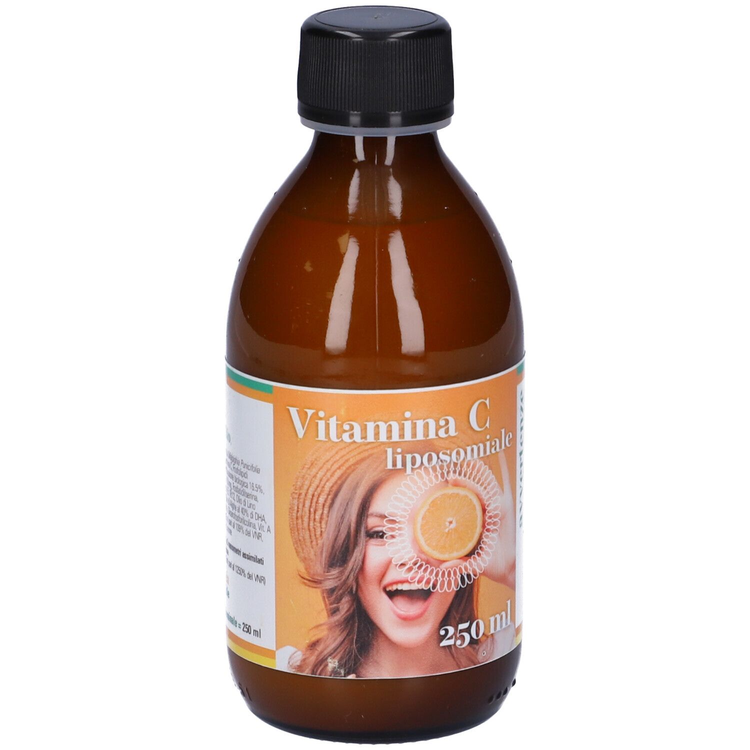 Bottiglia di vetro marrone con tappo nero. Etichetta con nome del prodotto e donna con arancia. 250 ml.