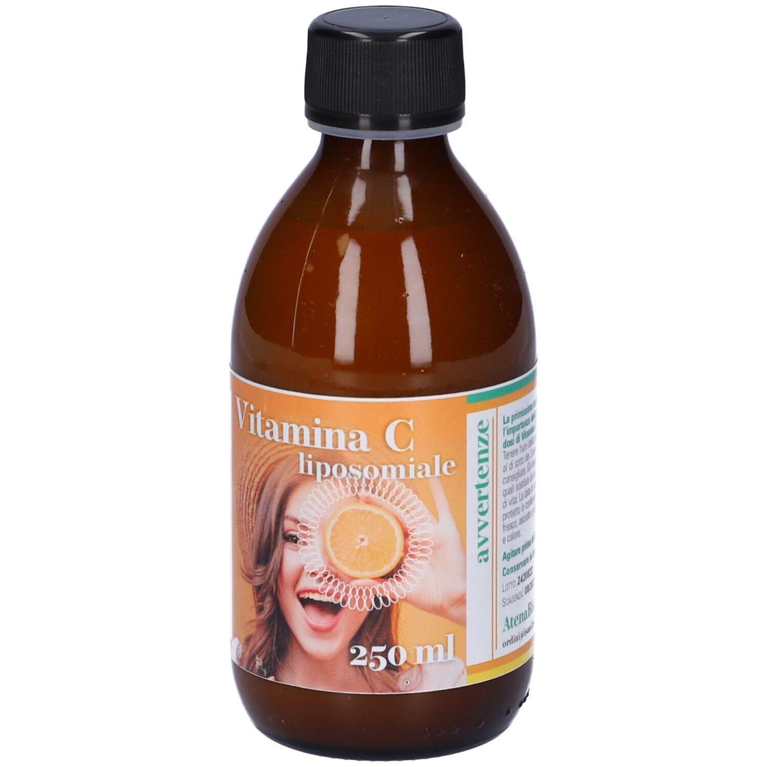 Bottiglia di vetro marrone con tappo nero. Etichetta con nome del prodotto e donna con arancia. 250 ml.