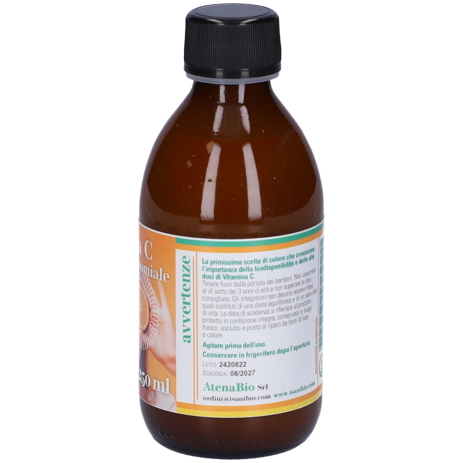 Bottiglia di vetro marrone con tappo nero. Etichetta con avvertenze e testo. 250 ml.
