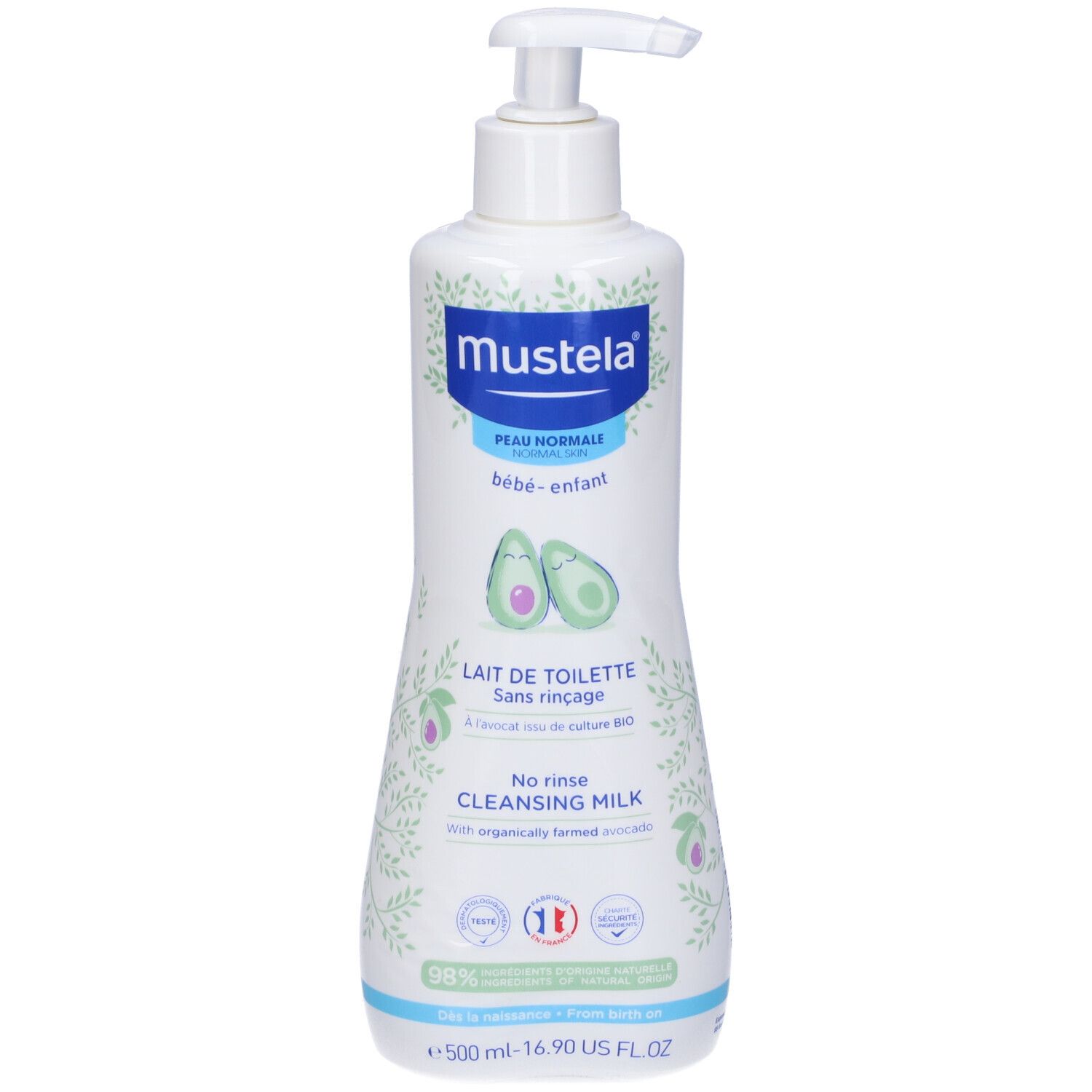 Flacone di latte detergente Mustela® con dosatore. Scritta: Lait de toilette, sans rinçage. Illustrazioni di avocado. 500ml.