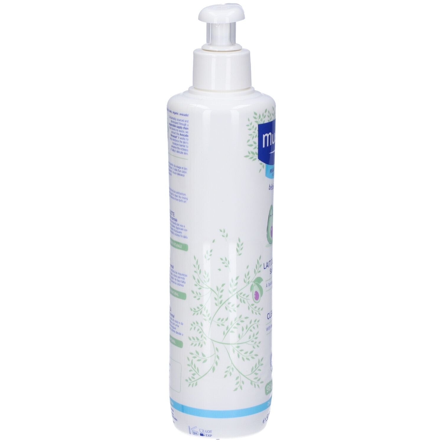 Flacone di latte detergente Mustela®. Scritta: Lait de toilette, sans rinçage. Illustrazioni di avocado. 500ml.