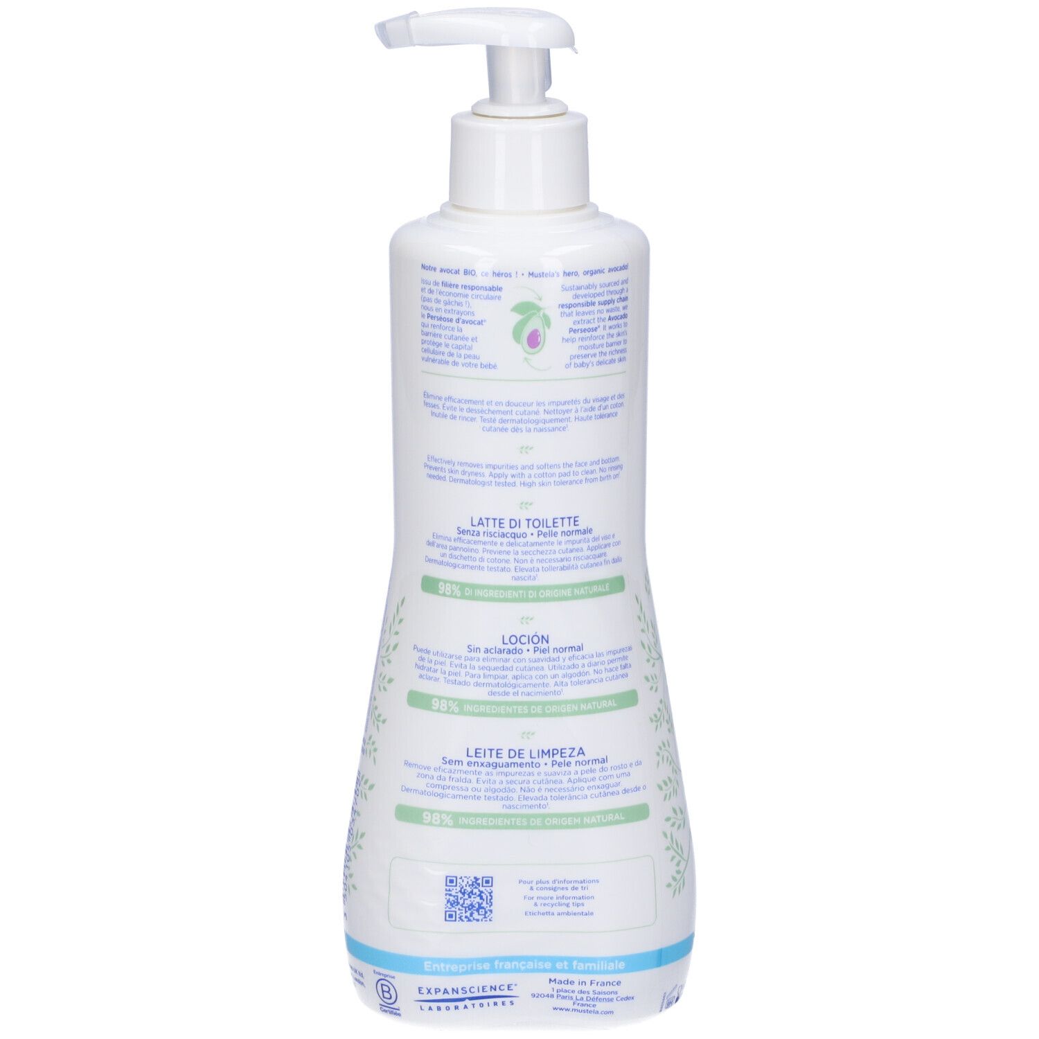 Flacone di latte detergente Mustela®. Scritta: Lait de toilette, sans rinçage. Illustrazioni di avocado. 500ml.