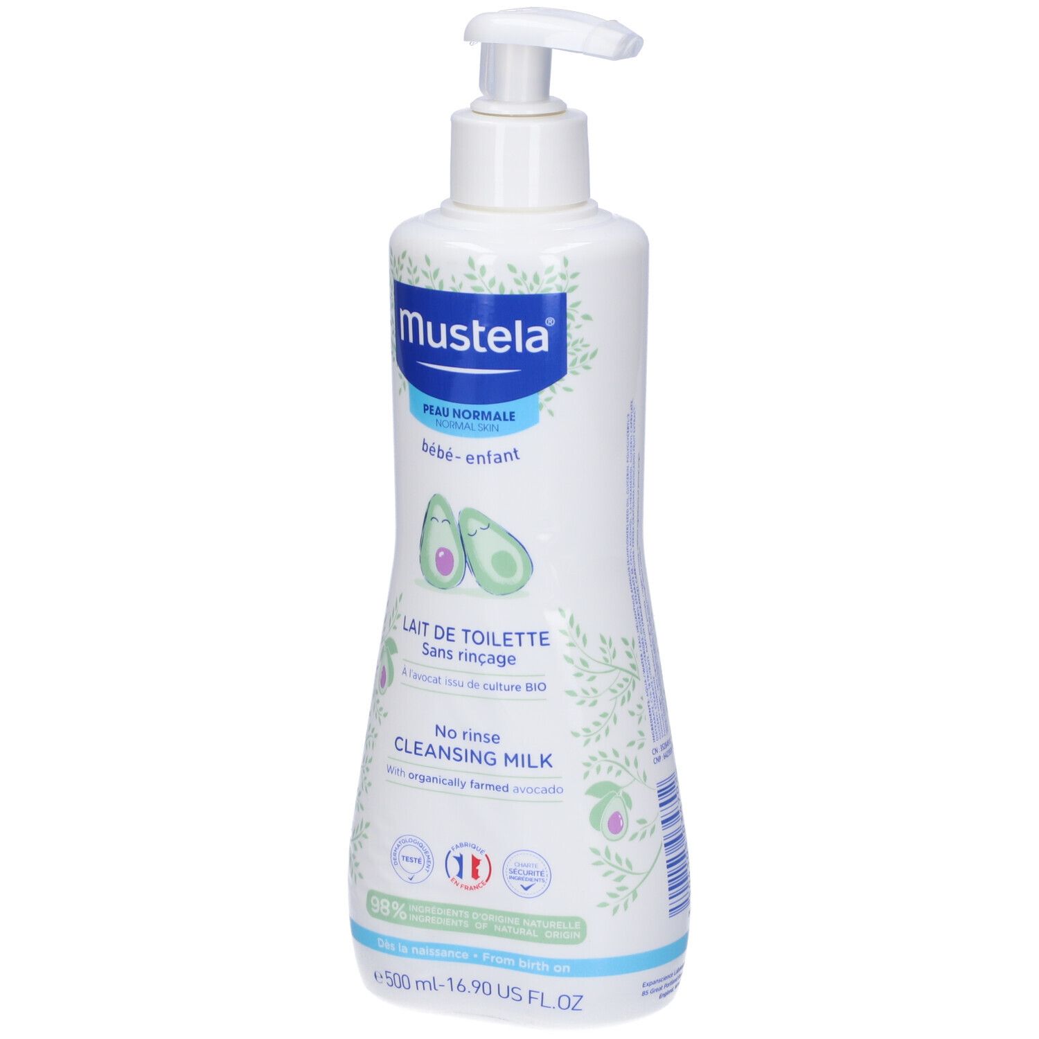 Flacone di latte detergente Mustela® con dosatore. Scritta: Lait de toilette, sans rinçage. Illustrazioni di avocado. 500ml.