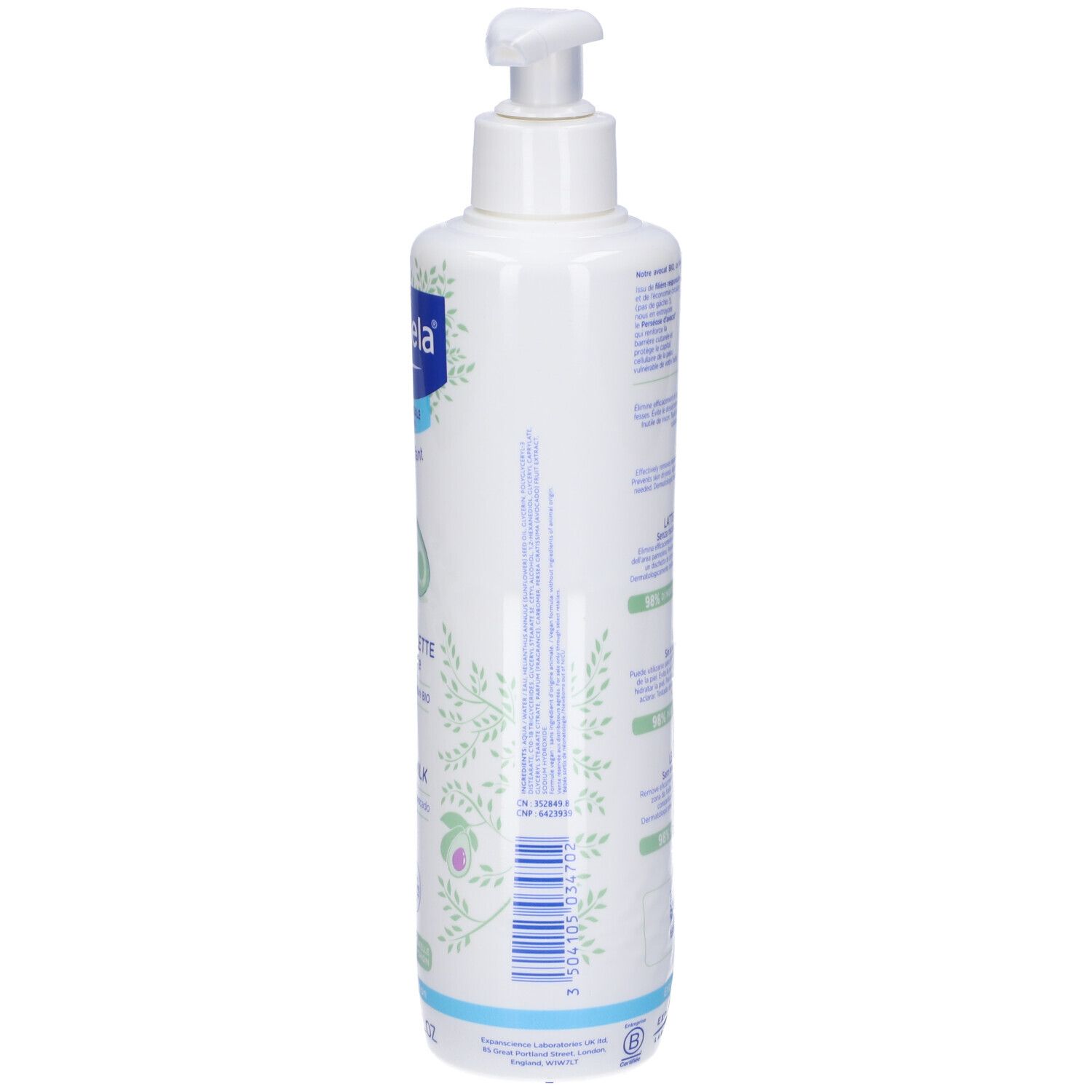 Flacone di latte detergente Mustela®. Scritta: Lait de toilette, sans rinçage. Illustrazioni di avocado. 500ml.