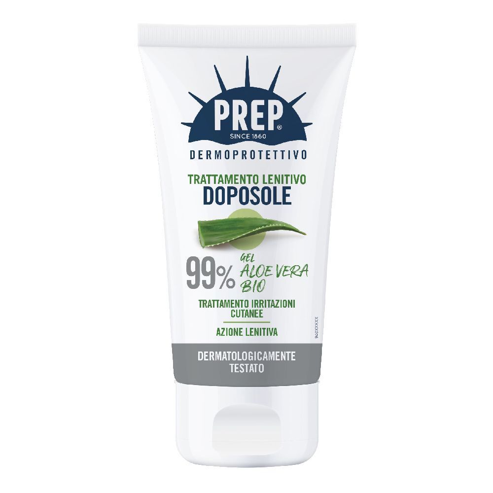 Tubo bianco e verde. Testo: PREP, Dermoprotettivo, 99% Aloe Vera Bio, Trattamento Lenitivo Doposole, Dermatologicamente testato.