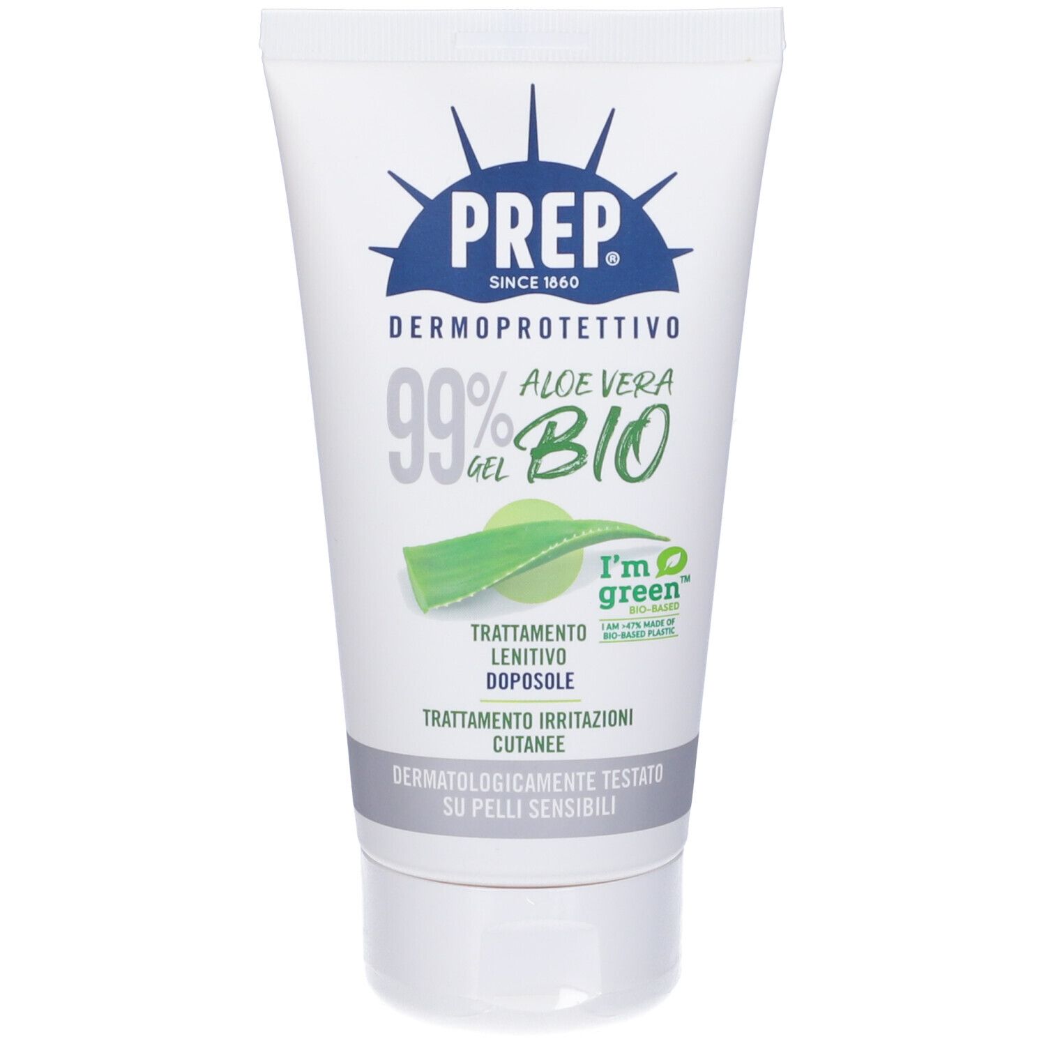 Tubo bianco e verde. Testo: PREP, Dermoprotettivo, 99% Aloe Vera Bio, Trattamento Lenitivo Doposole, Dermatologicamente testato.