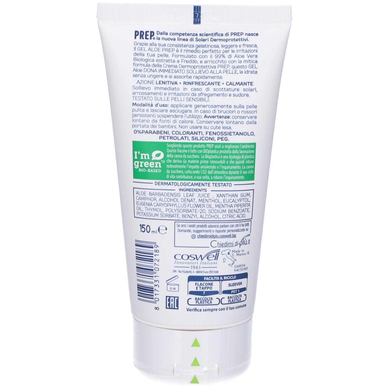 Retro di un tubo bianco. Testo: Ingredienti, 150 ml, Dermatologicamente testato, I'm green Bio-based.