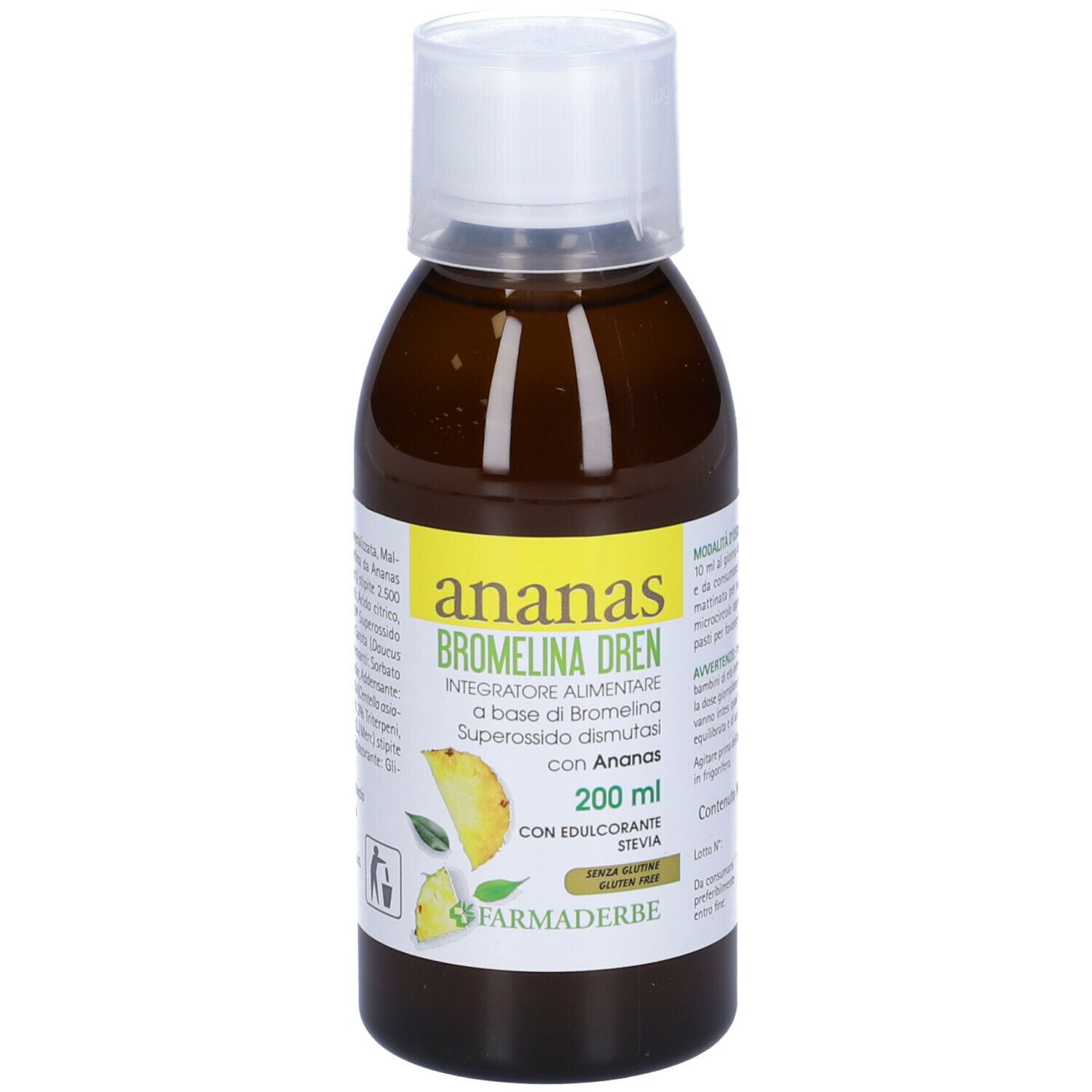 Braune Flasche mit weißem Verschluss. Etikett mit Produktnamen und Ananas-Illustrationen. 200 ml.
