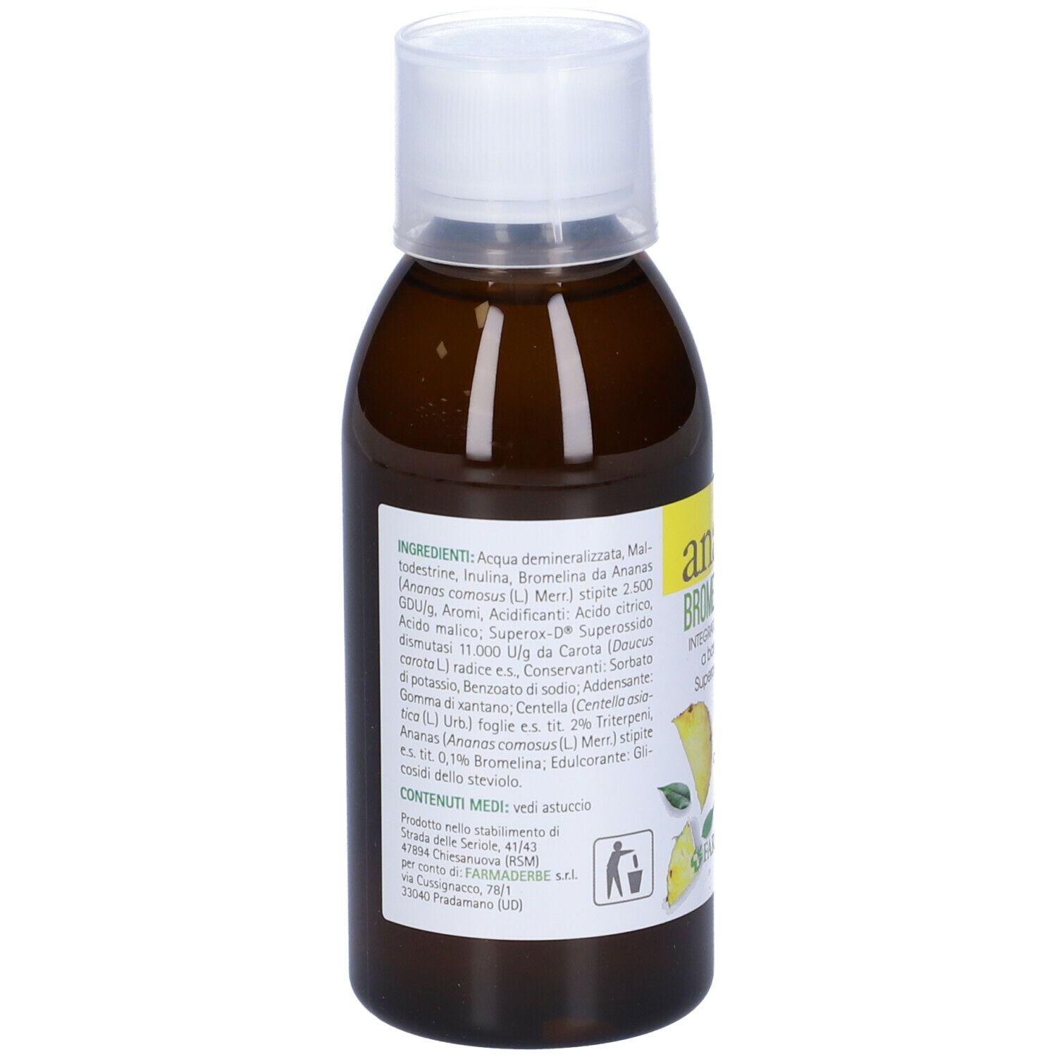Braune Flasche mit weißem Verschluss. Rückseite mit Zutatenliste und Produktinformationen in italienischer Sprache.