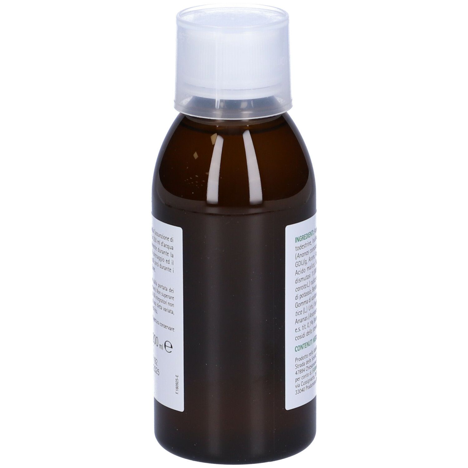 Braune Flasche mit weißem Verschluss. Rückseite mit Produktinformationen und Text in italienischer Sprache.