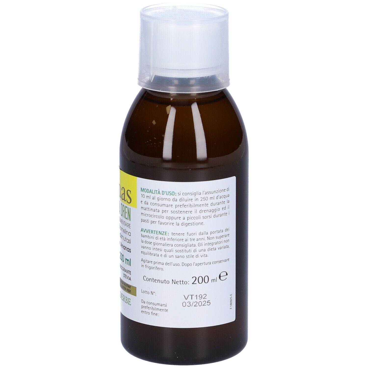 Braune Flasche mit weißem Verschluss. Rückseite mit Anwendungsanweisungen und Text in italienischer Sprache.