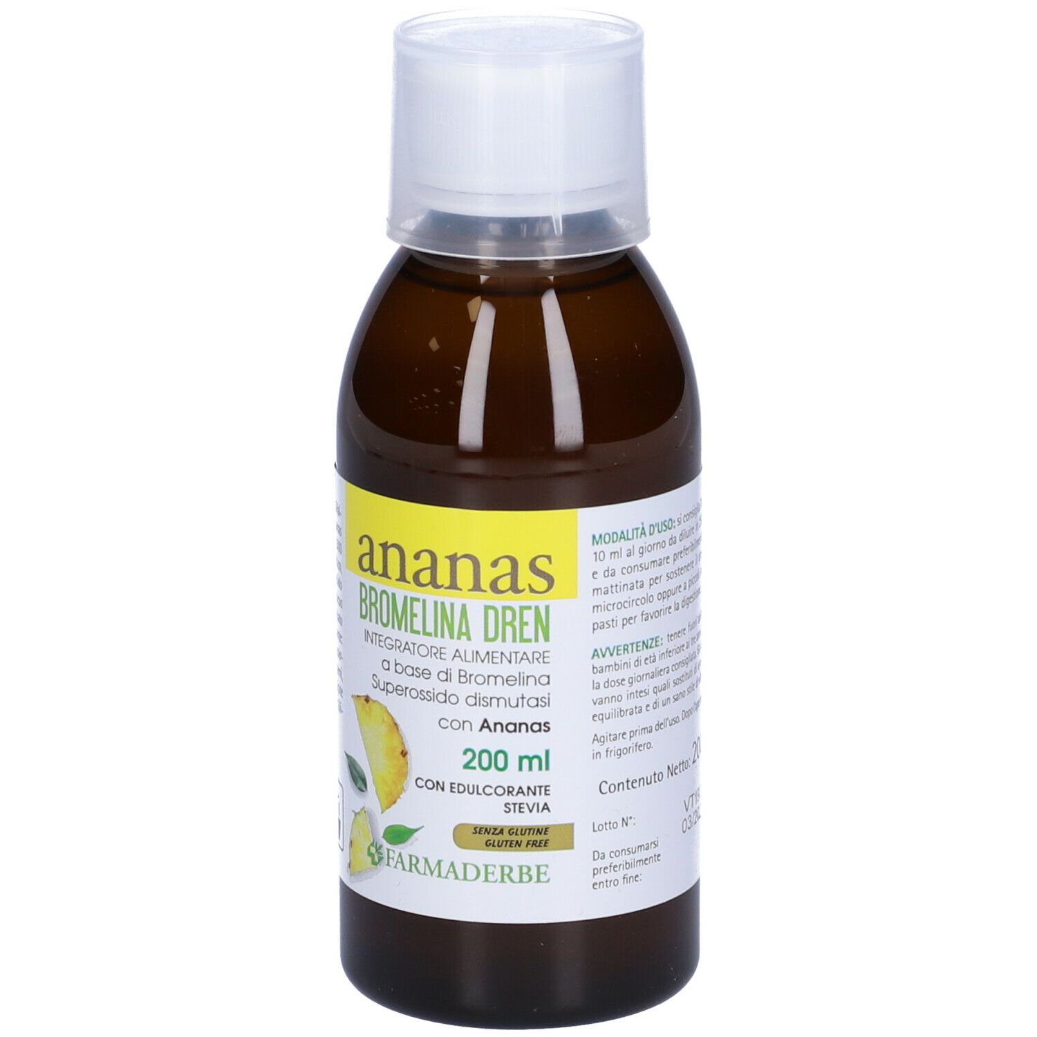 Braune Flasche mit weißem Verschluss. Etikett mit Produktnamen und Ananas-Illustrationen. 200 ml.
