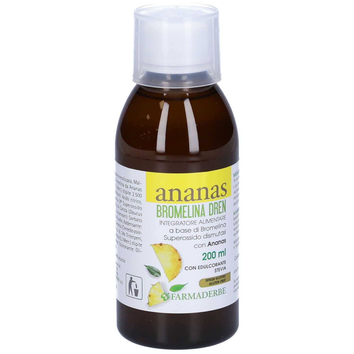 Braune Flasche mit weißem Verschluss. Etikett mit Produktnamen und Ananas-Illustrationen. 200 ml.