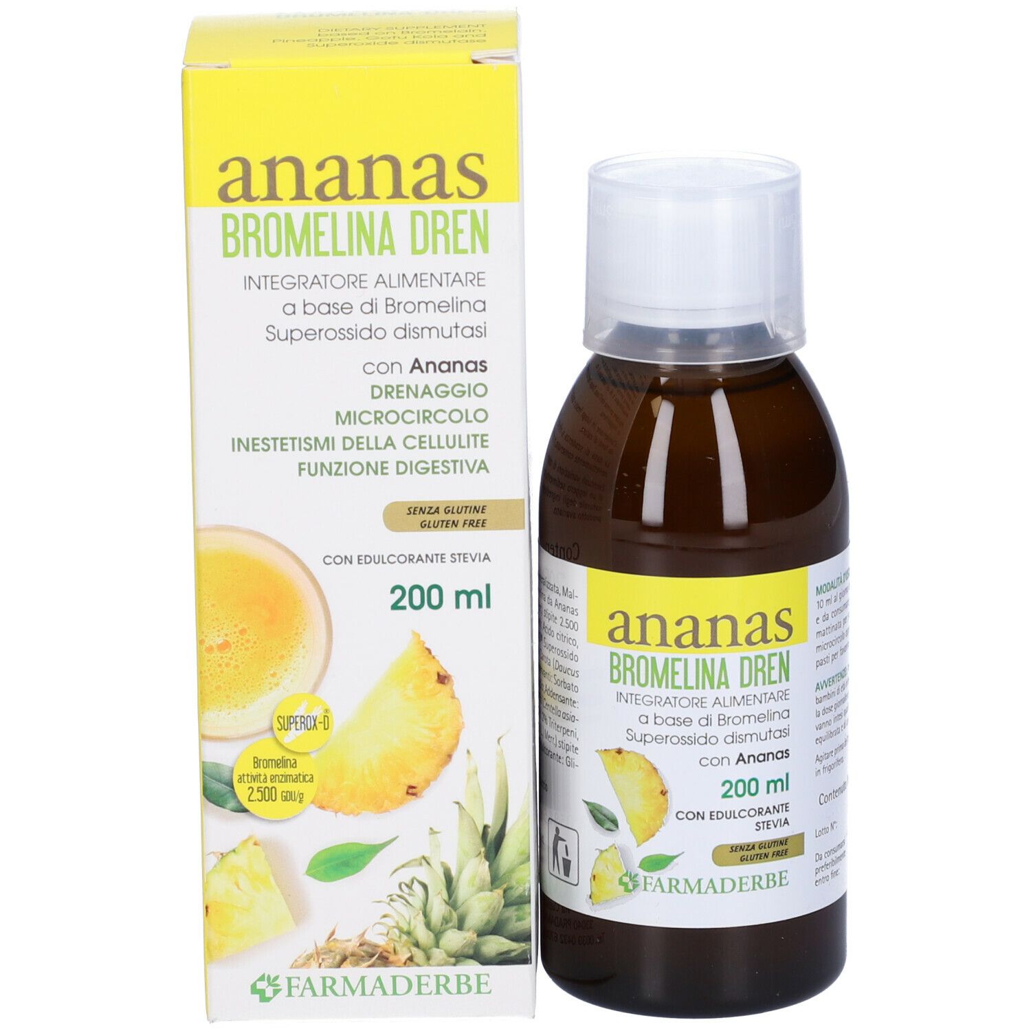 Produktflasche und -verpackung nebeneinander. Verpackung mit Produktnamen und Ananas-Illustrationen. 200 ml.