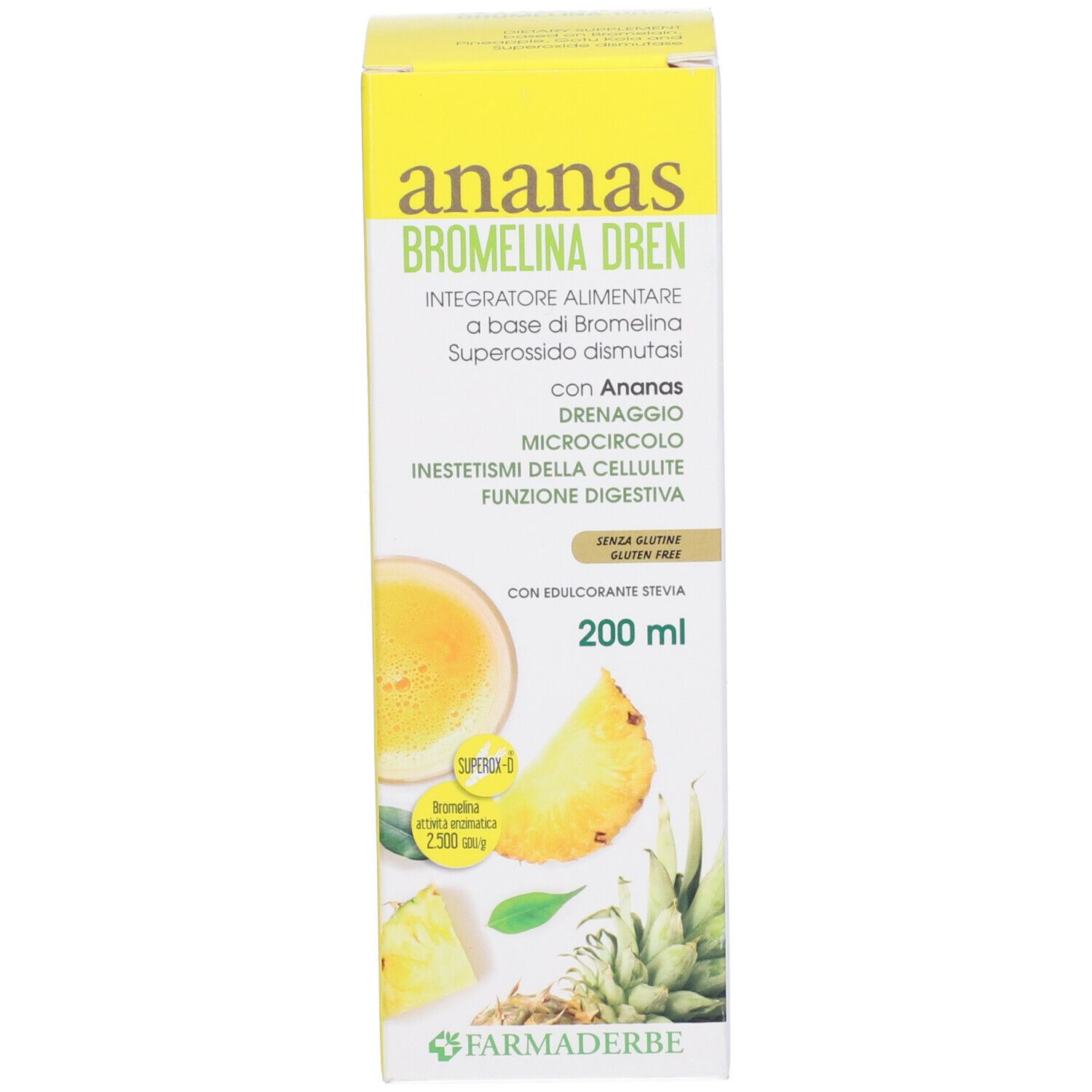Gelbe Produktverpackung mit Produktnamen und Abbildungen von Ananas. Enthält Text in italienischer Sprache.