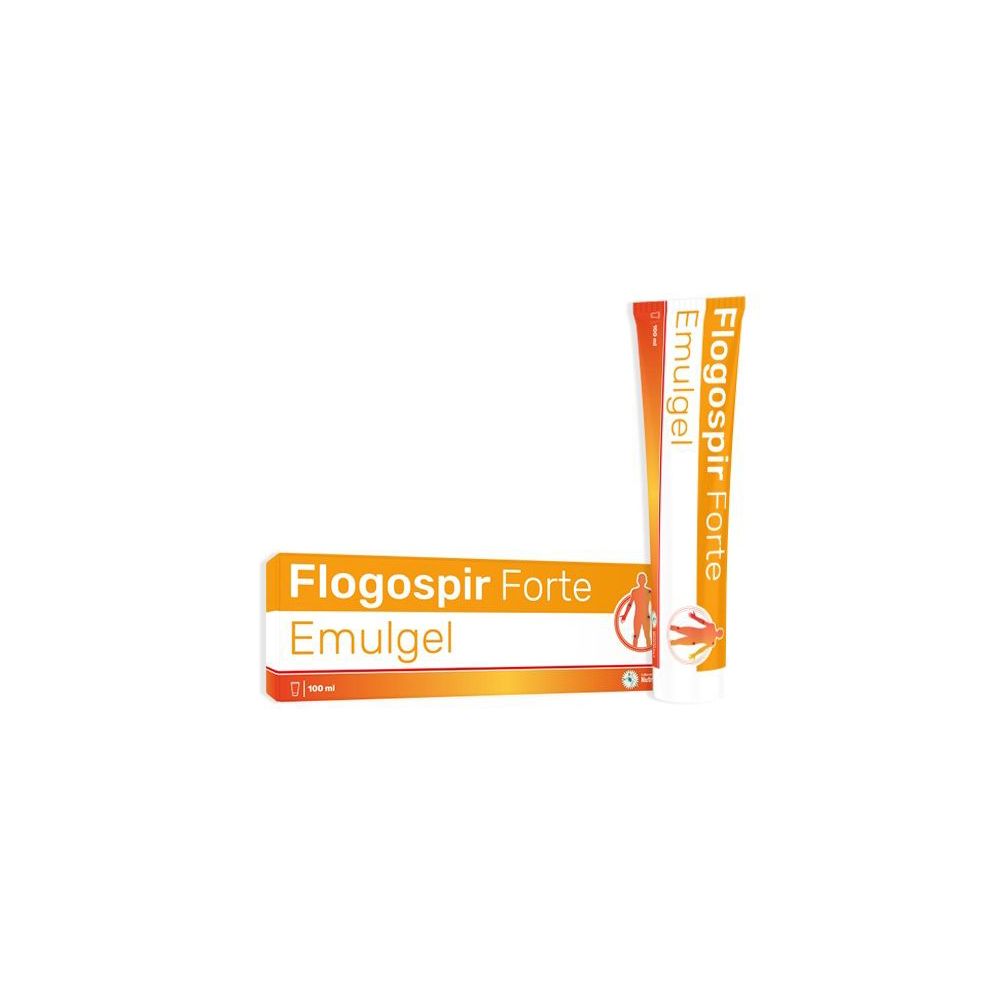 Due tubi e una scatola. Scritto: Flogospir Forte Emulgel. Colori arancione e bianco.