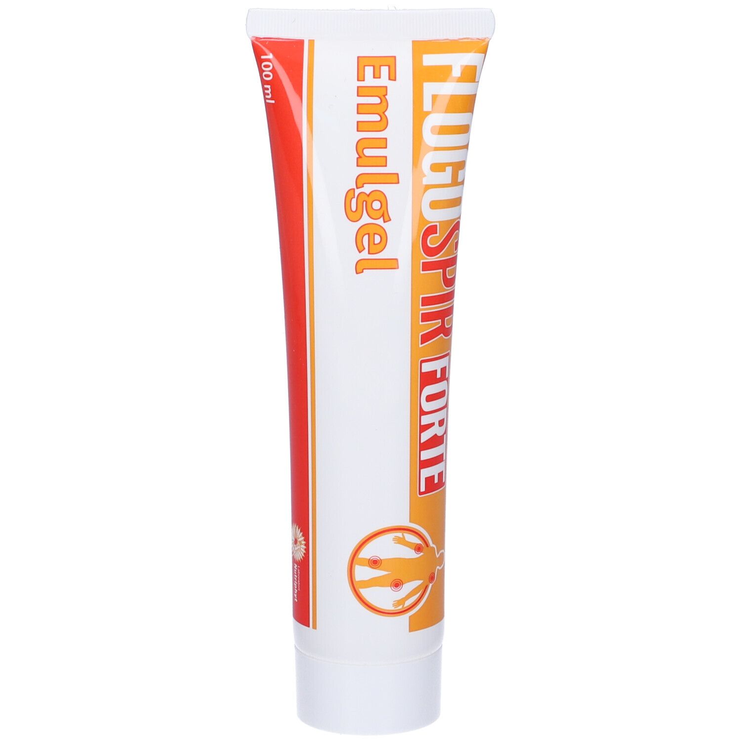 Tubo con scritta Flogospir Forte Emulgel. Bianco con accenti arancioni e rossi. 100 ml.