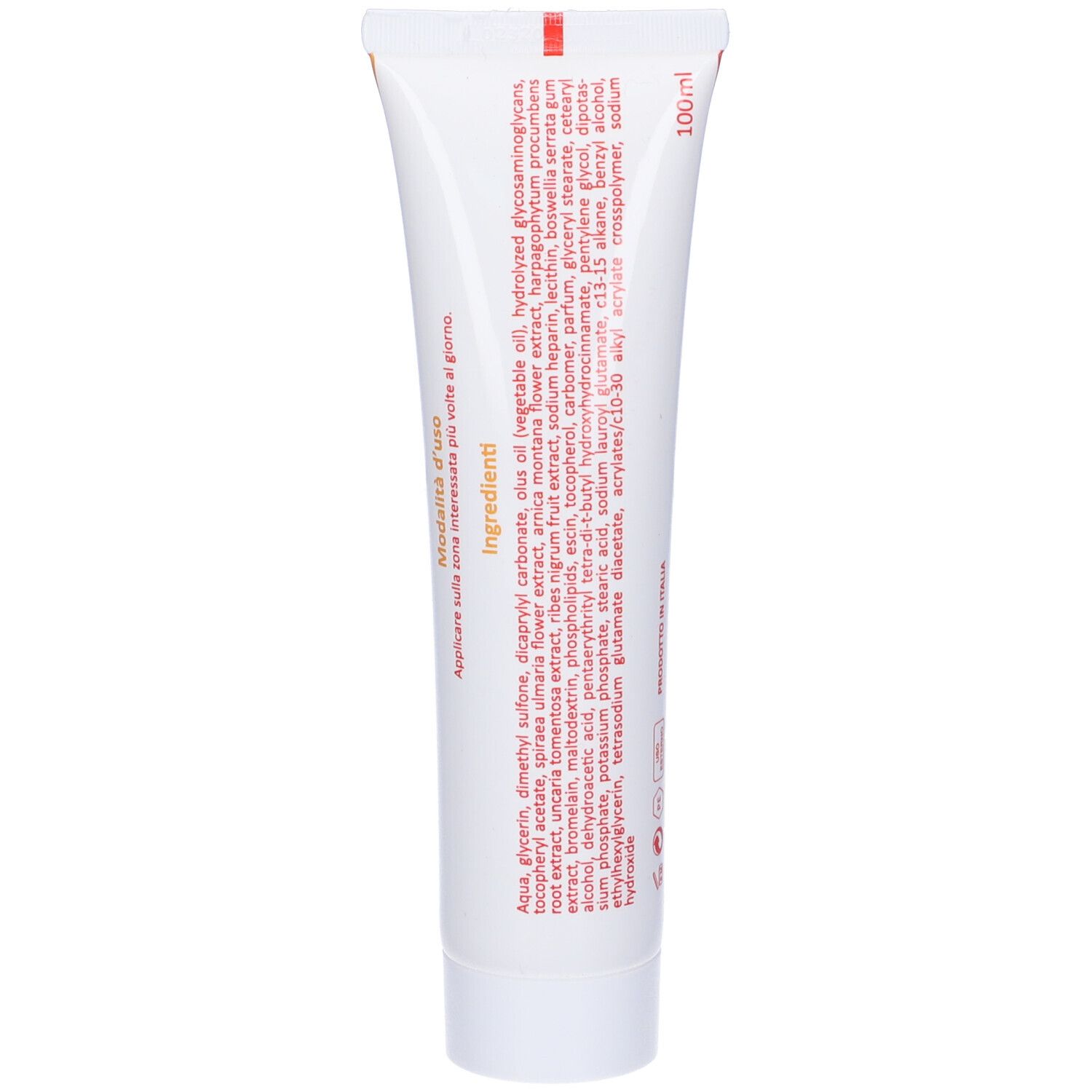Retro di un tubo. Contiene ingredienti e testo. 100 ml. Bianco con una striscia rossa.