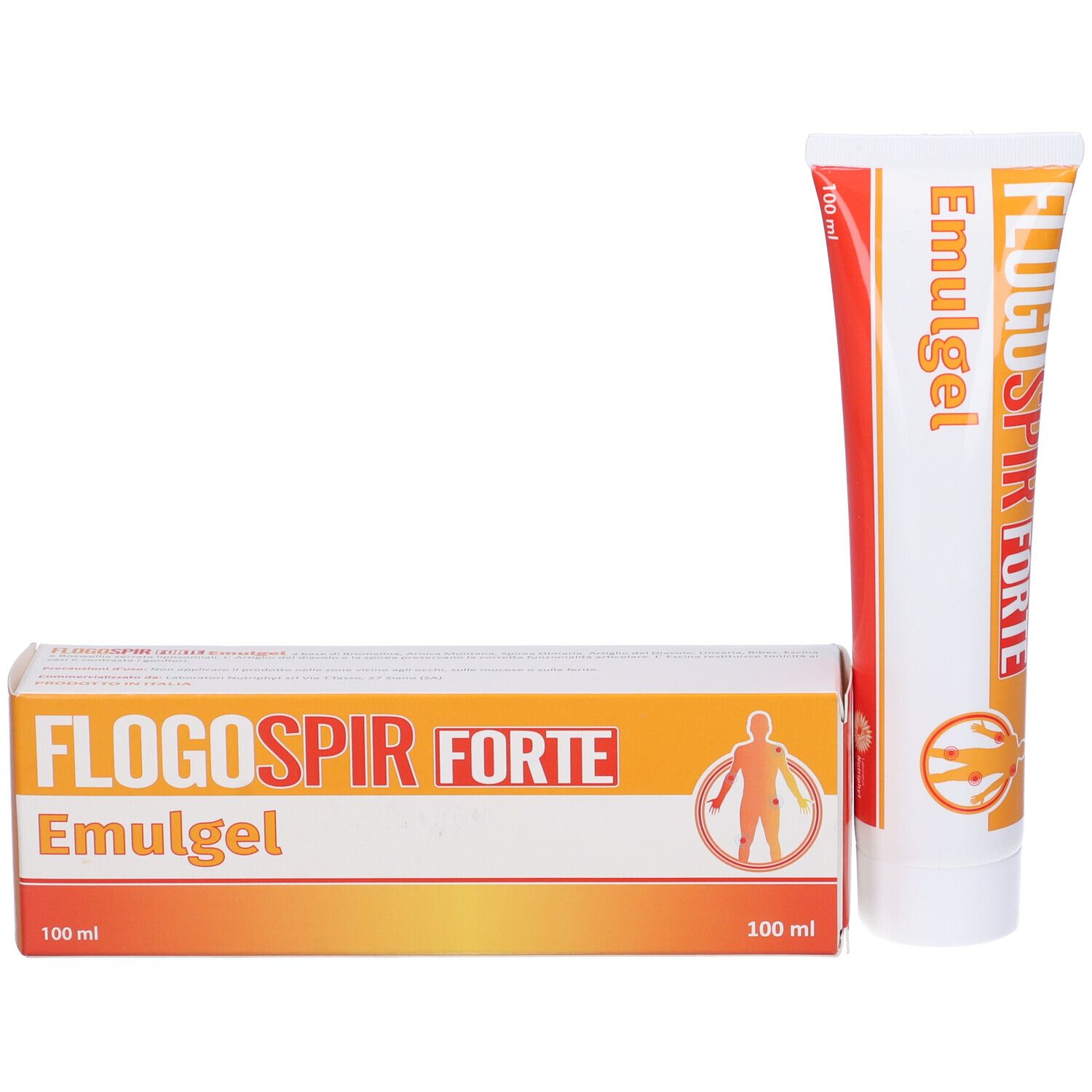 Scatola e tubo. Scritto: Flogospir Forte Emulgel. 100 ml. Arancione e bianco.