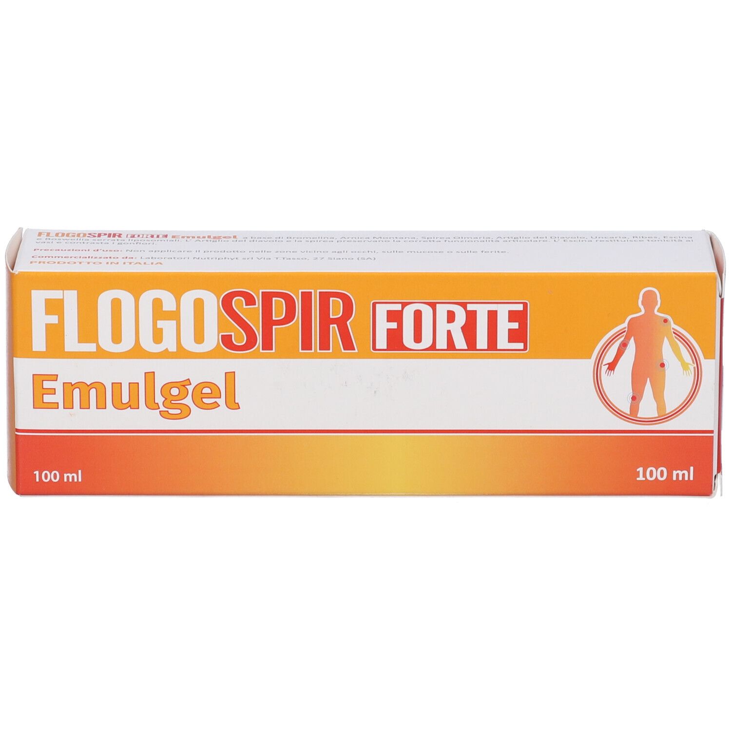 Scatola con scritta Flogospir Forte Emulgel. Arancione e bianco. 100 ml.