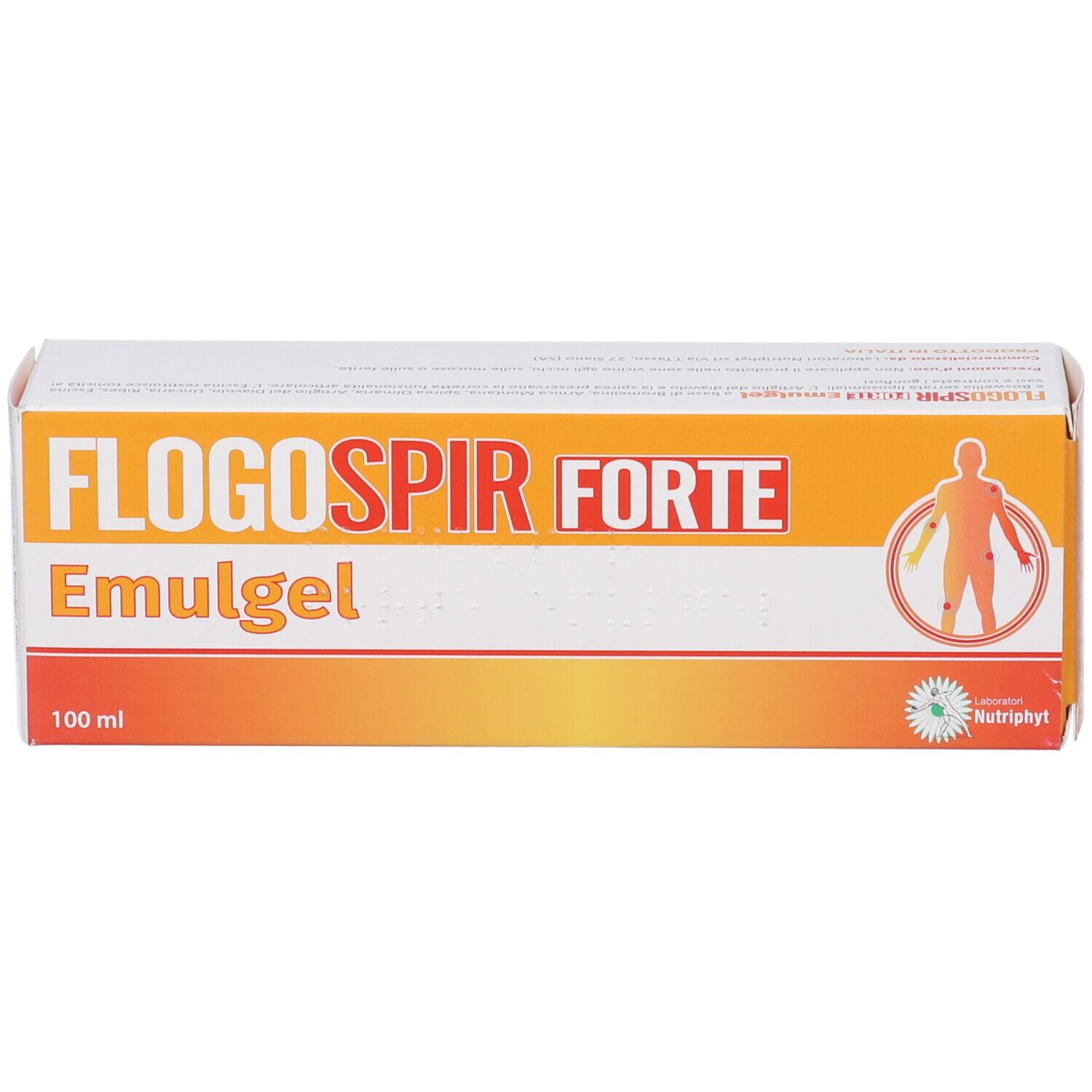 Scatola con scritta Flogospir Forte Emulgel. 100 ml. Logo e testo.