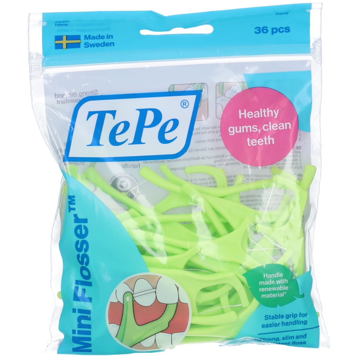 Confezione trasparente di TePe Mini Flosser™. 36 pezzi. Flosser verdini. Testo: Healthy gums, clean teeth.