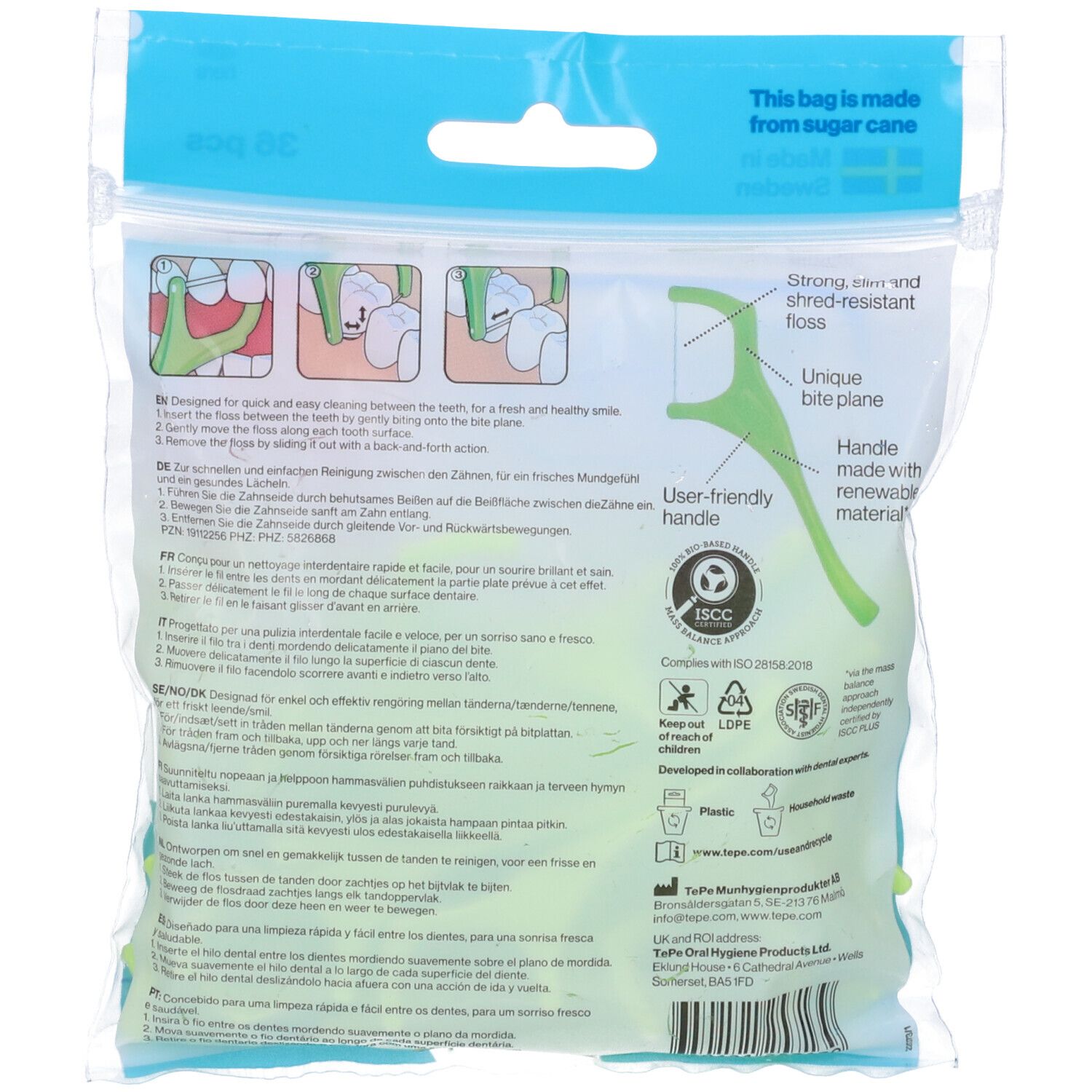 Retro della confezione di TePe Mini Flosser™. 36 pezzi. Flosser verdi. Testo: Designed for quick and easy cleaning.