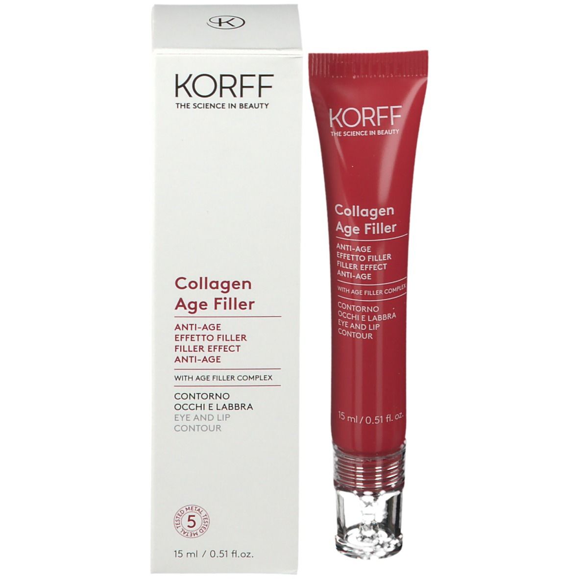 Produkt und Verpackung. Rote Tube und weiße Schachtel mit Produktnamen und Logo.