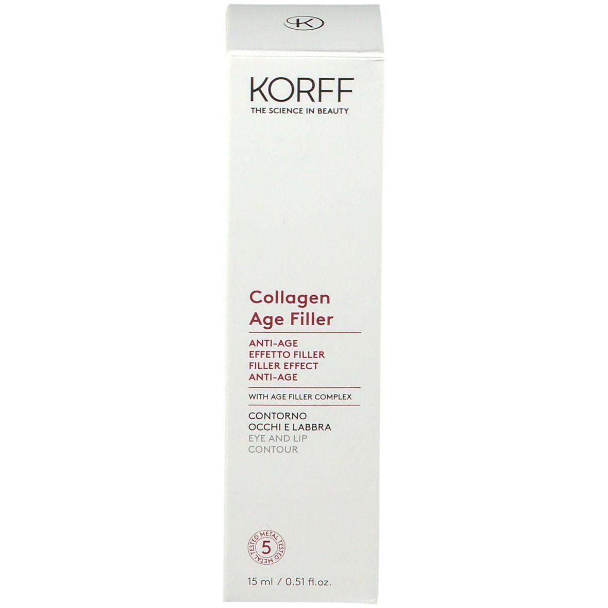Weiße Schachtel mit Produktnamen und Logo. Text: „Collagen Age Filler“. Rückseite mit Text.