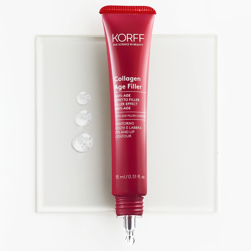 Rote Tube mit KORFF-Logo und Produktnamen. 3 Tropfen daneben. Mit Applikator für Augen- und Lippenkontur.
