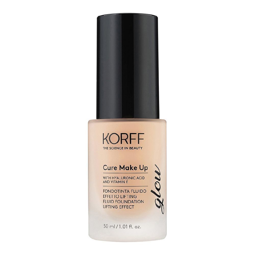 Flacon de fond de teint KORFF Cure Make Up avec bouchon noir. Inscription: Glow, Cure Make Up, 30 ml.