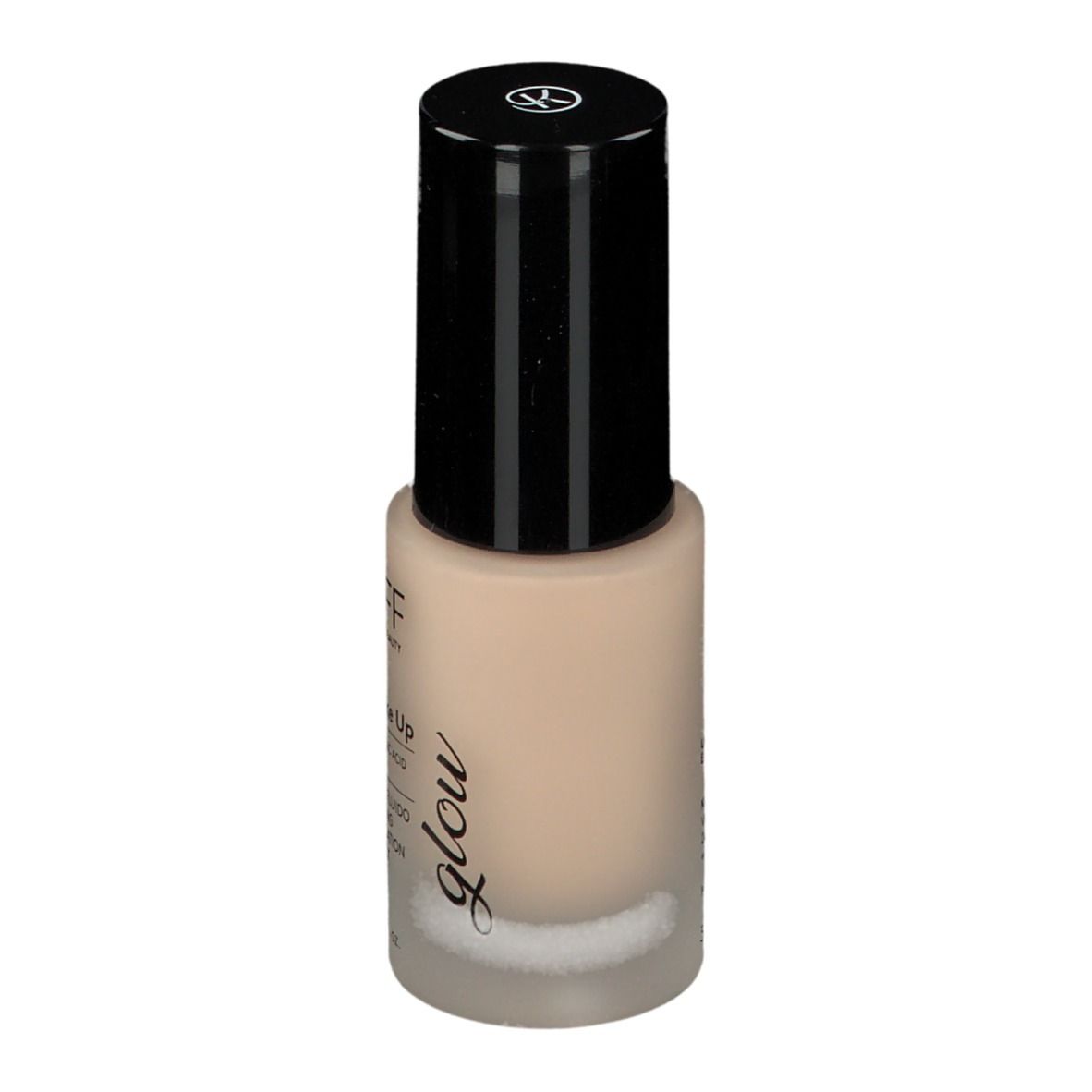 Flacon de fond de teint KORFF Cure Make Up avec bouchon noir. Inscription: Glow, Cure Make Up, 30 ml.