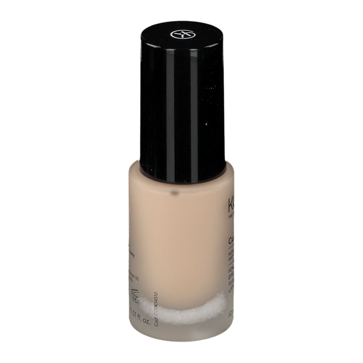 Flacon de fond de teint KORFF Cure Make Up avec bouchon noir. Inscription: Glow, Cure Make Up, 30 ml.