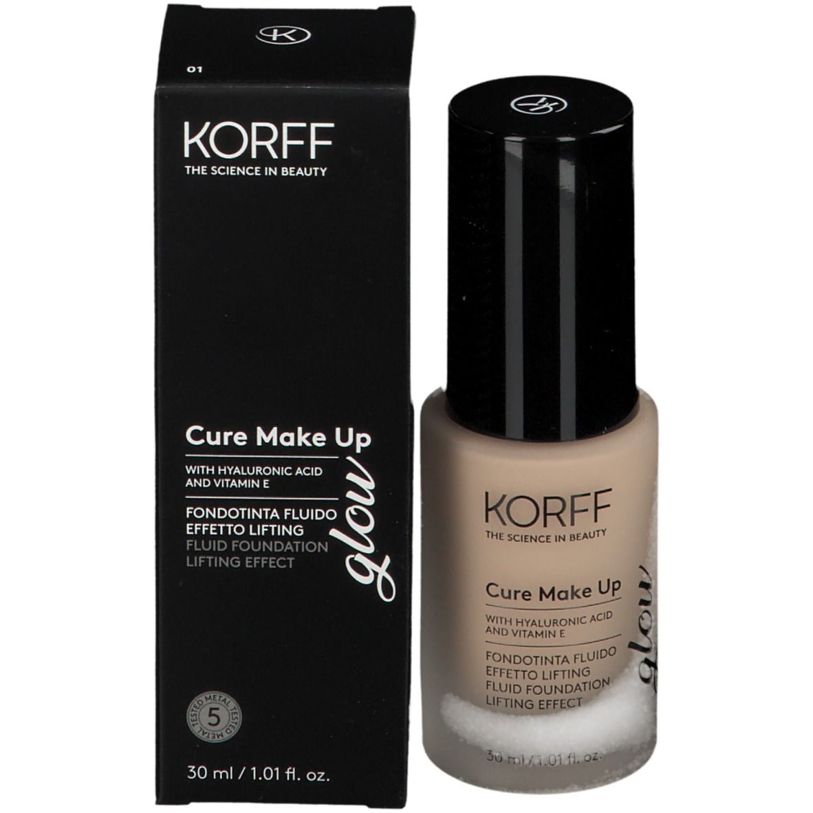 KORFF Cure Make Up fond de teint et emballage. Boîte noire et flacon. Inscription: Glow, Cure Make Up, 30 ml.
